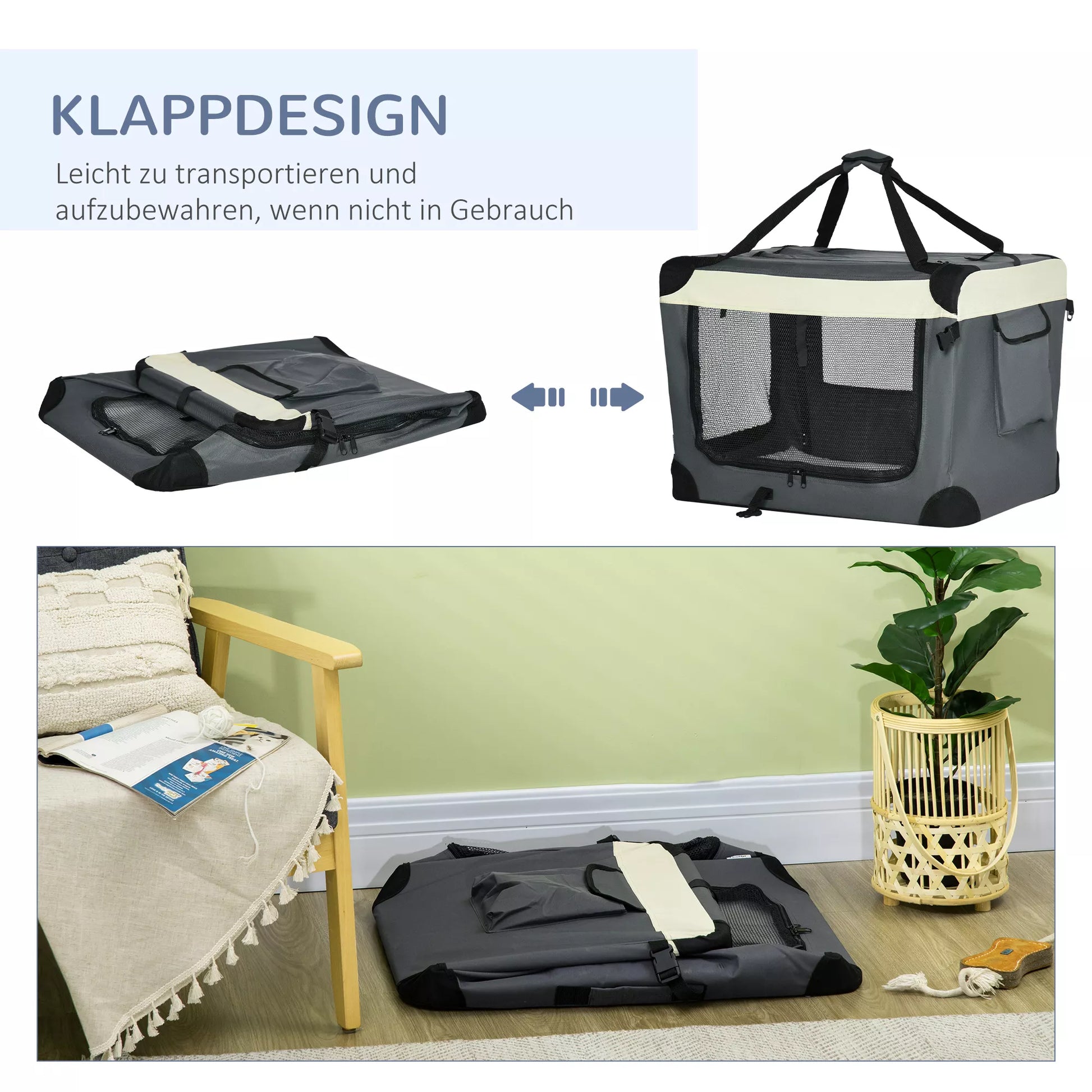 Transportavimo krepšys, transportavimo dėžė katėms ir mažiems šunims, sulankstoma, 3 durys, pilka, 70 x 51 x 50cm