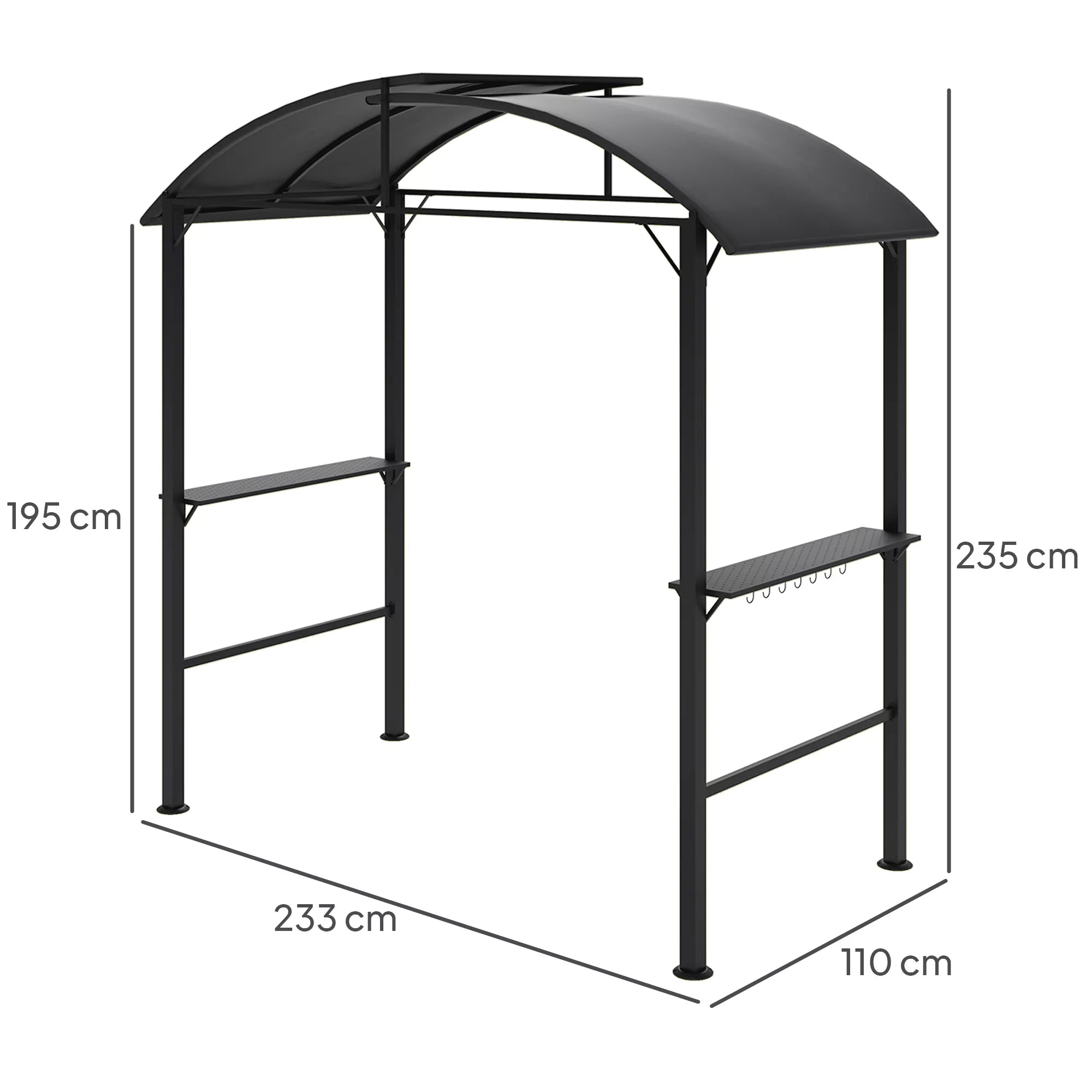 Grill paviljonas, 2 šoninės lentynos, kabliai, plieninis rėmas, 1,1 x 2,3 m, tamsiai pilkos spalvos