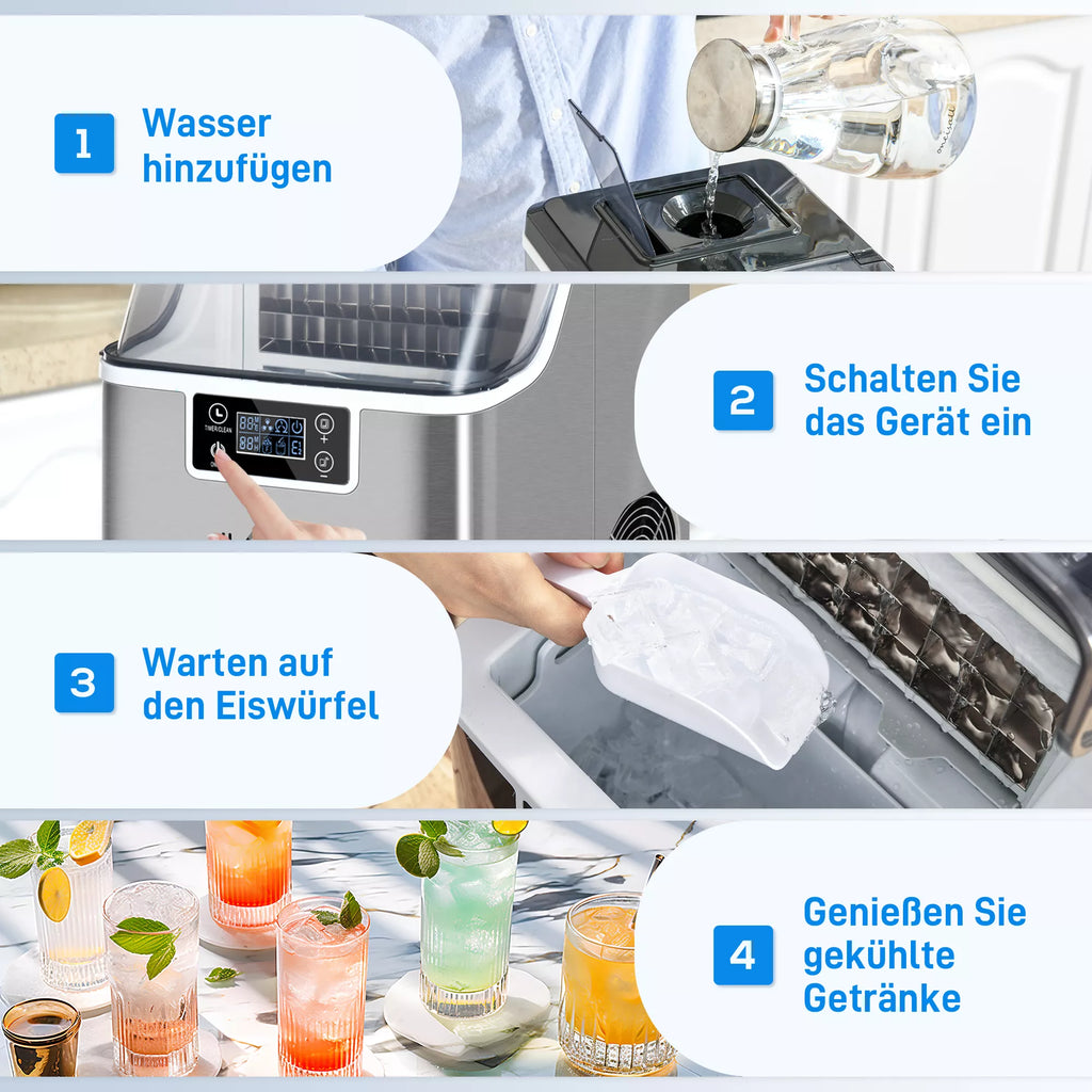 Ledo kubelių gaminimo aparatas Ledo kubelių dozatorius Ice-Maker 20 kg/24 val. 2,3 l ledo kubelių gaminimo aparatas su 3,2 l vandens rezervuaru, sidabrinis