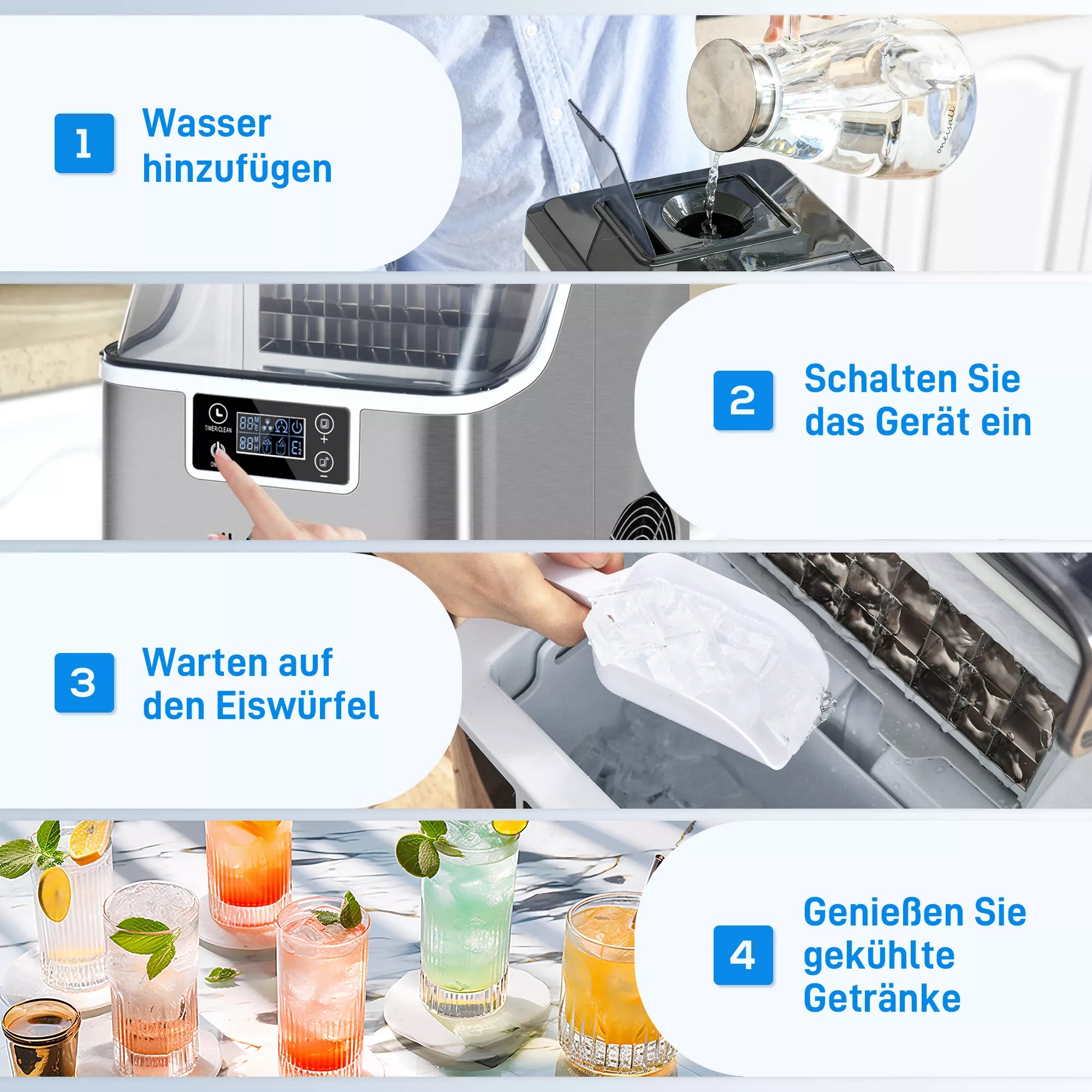 Ledo kubelių gaminimo aparatas Ledo kubelių dozatorius Ice-Maker 20 kg/24 val. 2,3 l ledo kubelių gaminimo aparatas su 3,2 l vandens rezervuaru, sidabrinis