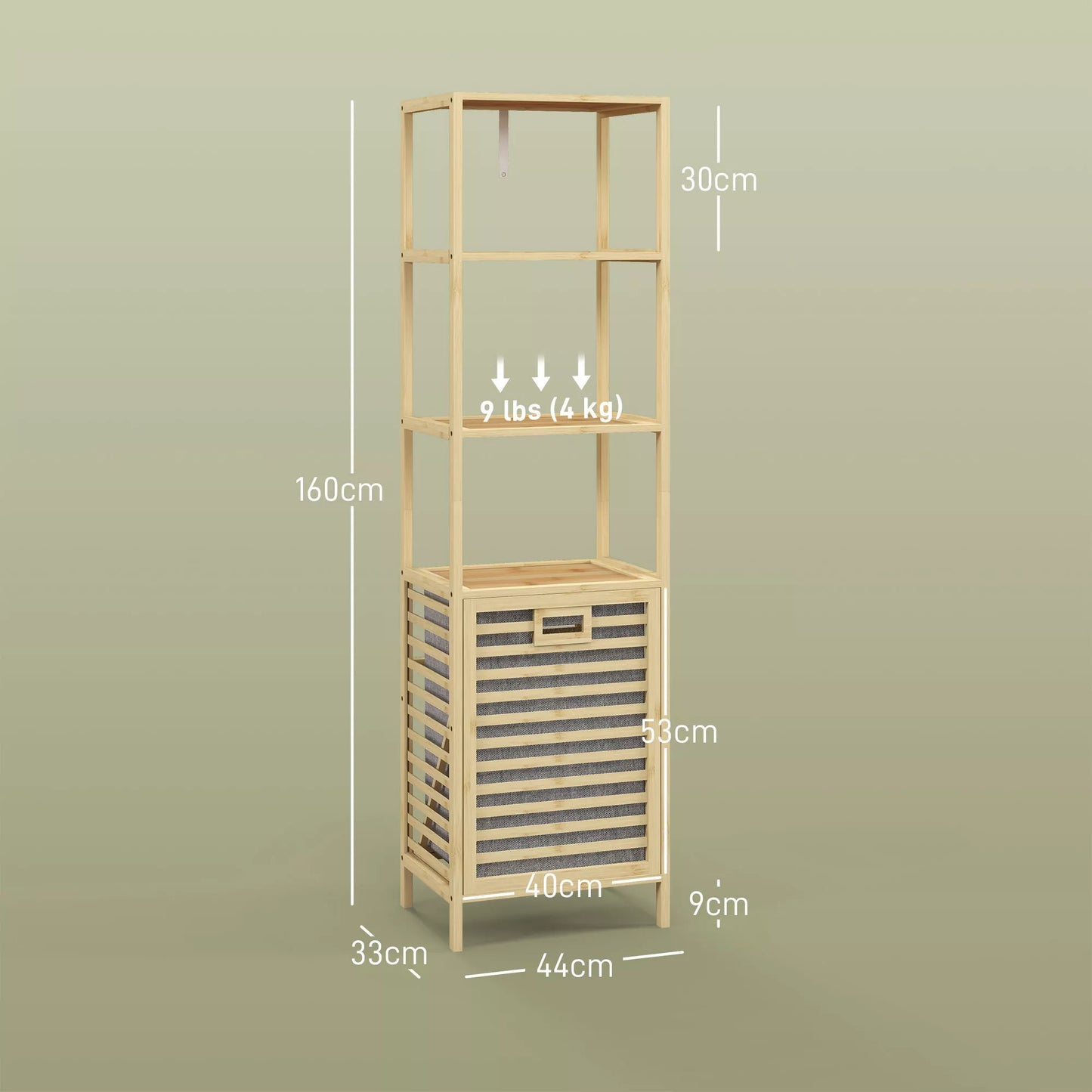 Vonios lentyna su skalbinių surinktuvu, 3 lentynos, bambuko rėmas, 44x33x160cm, natūrali