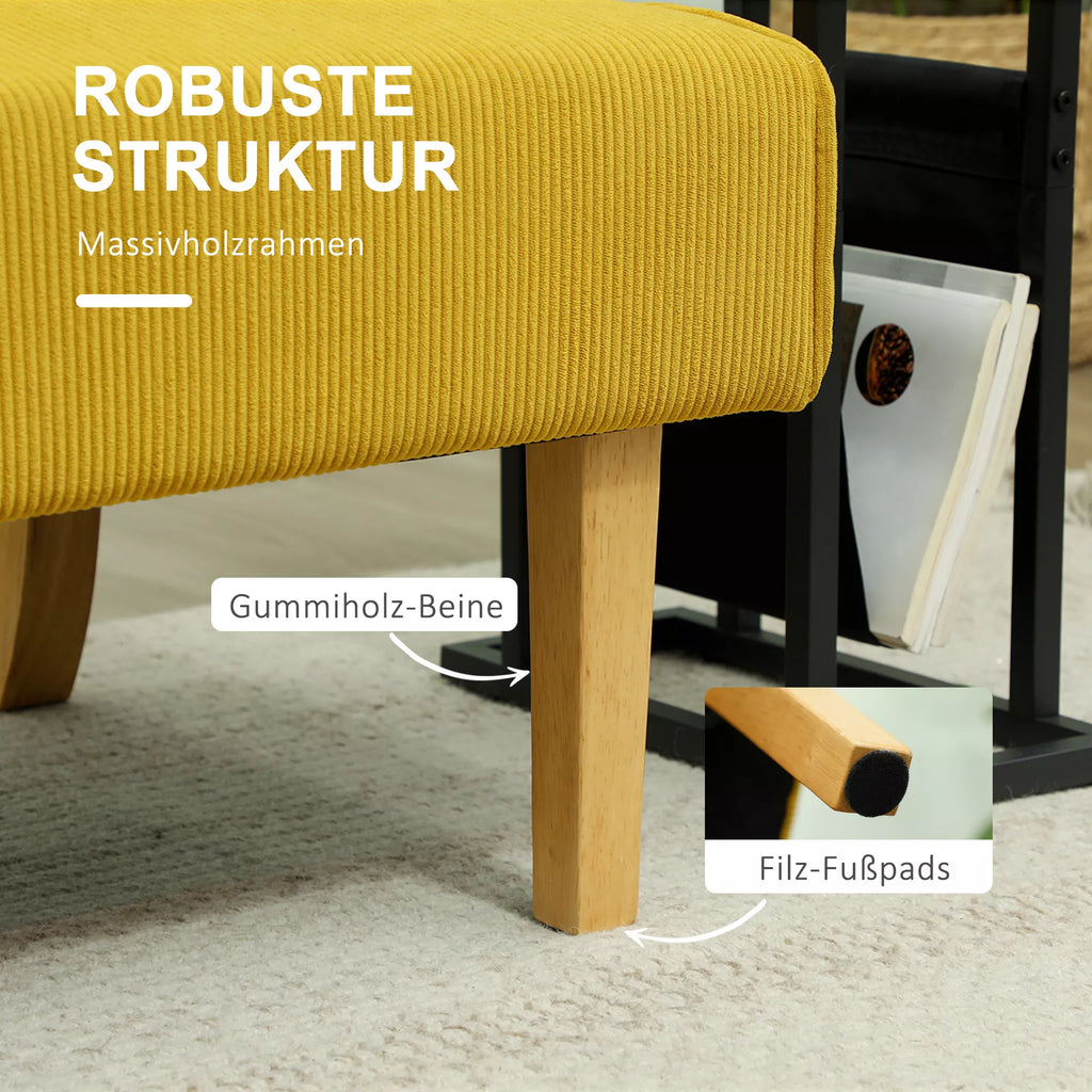 Dvivietė sofa su velveto apmušalu, storu paminkštinimu ir tvirtais mediniais kojomis, skirta svetainei, miegamajam, biurui, geltonos spalvos.