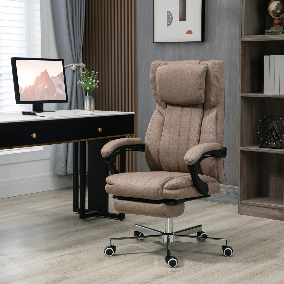 Bürostuhl mit Massagefunktion, neigbare Rücklehne, ausziehbare Fußstütze, Leinenoptik, 65 x 61 x 118 cm, Braun