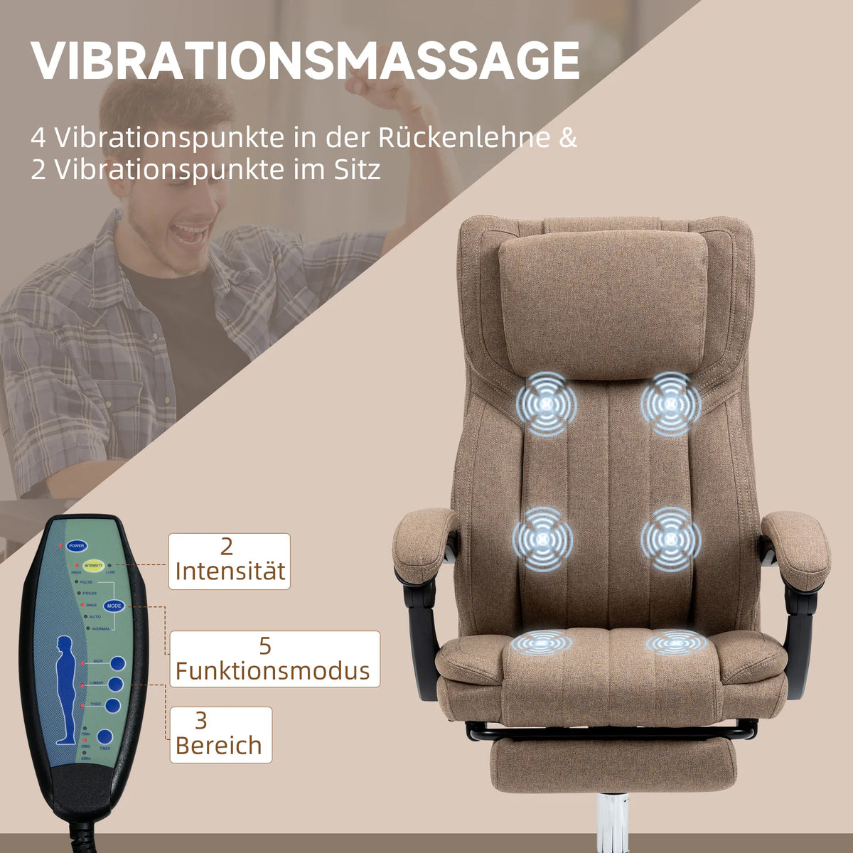 Bürostuhl mit Massagefunktion, neigbare Rücklehne, ausziehbare Fußstütze, Leinenoptik, 65 x 61 x 118 cm, Braun