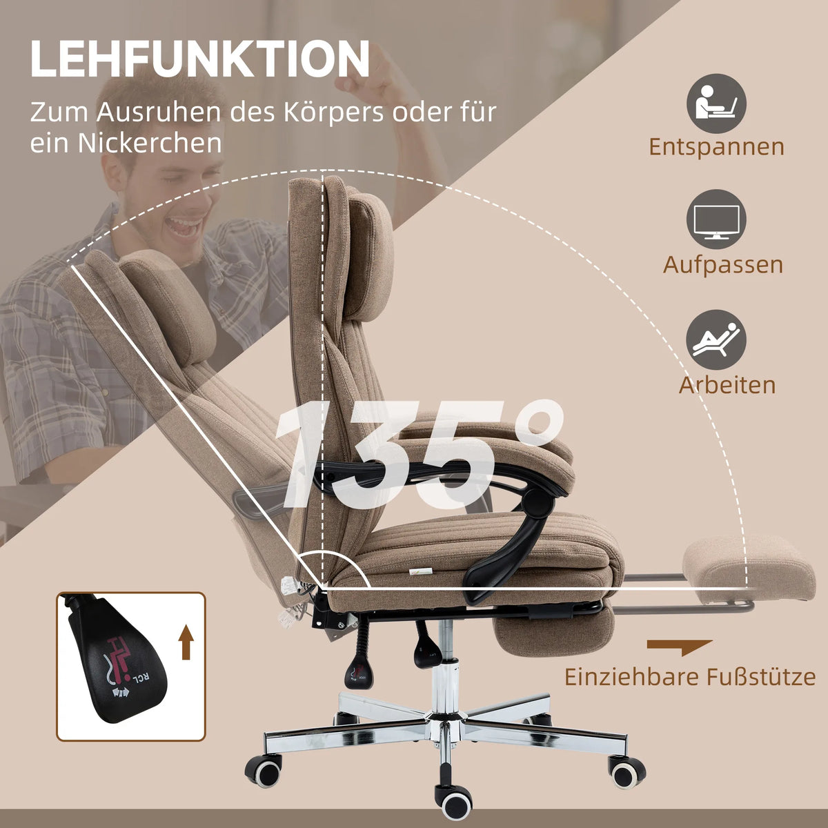 Bürostuhl mit Massagefunktion, neigbare Rücklehne, ausziehbare Fußstütze, Leinenoptik, 65 x 61 x 118 cm, Braun