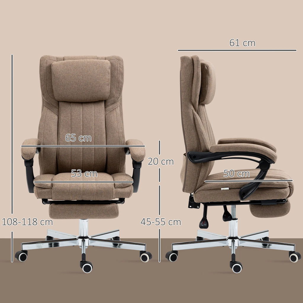 Bürostuhl mit Massagefunktion, neigbare Rücklehne, ausziehbare Fußstütze, Leinenoptik, 65 x 61 x 118 cm, Braun