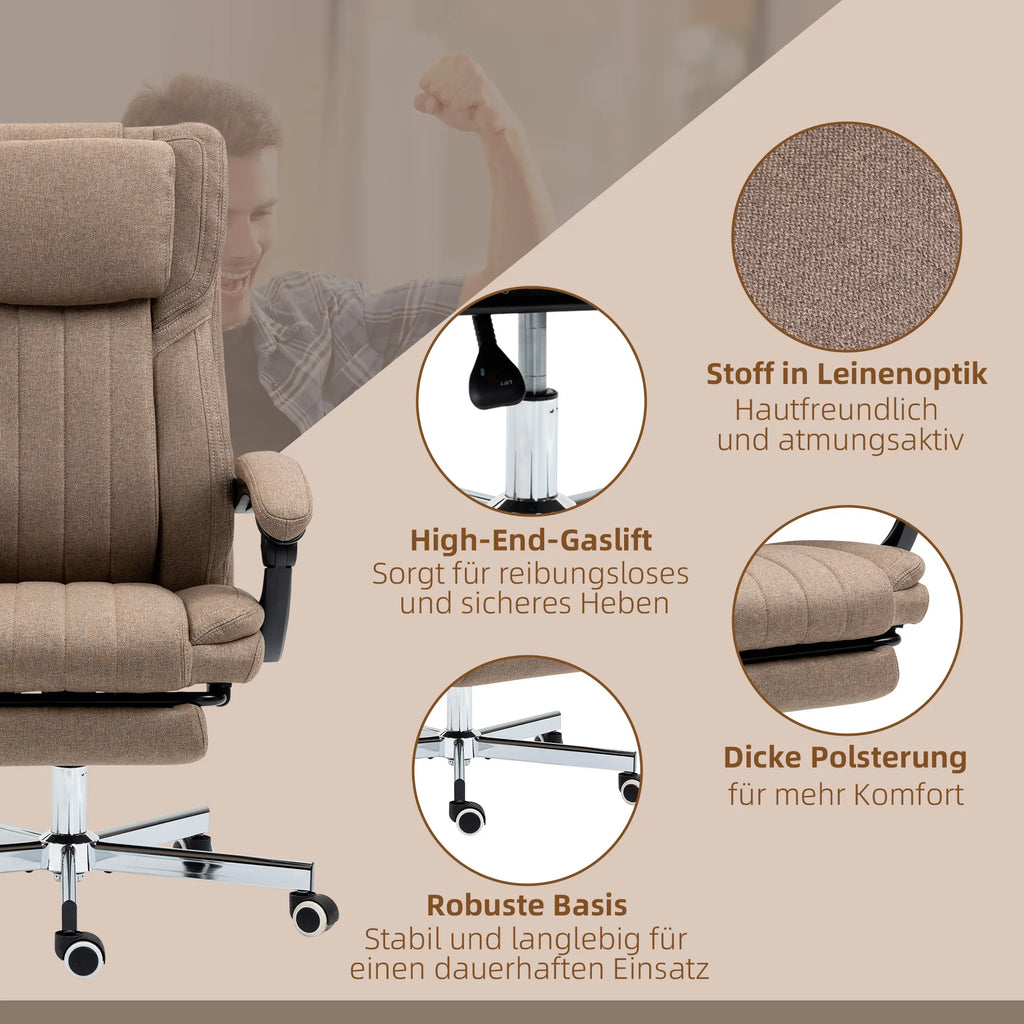 Bürostuhl mit Massagefunktion, neigbare Rücklehne, ausziehbare Fußstütze, Leinenoptik, 65 x 61 x 118 cm, Braun