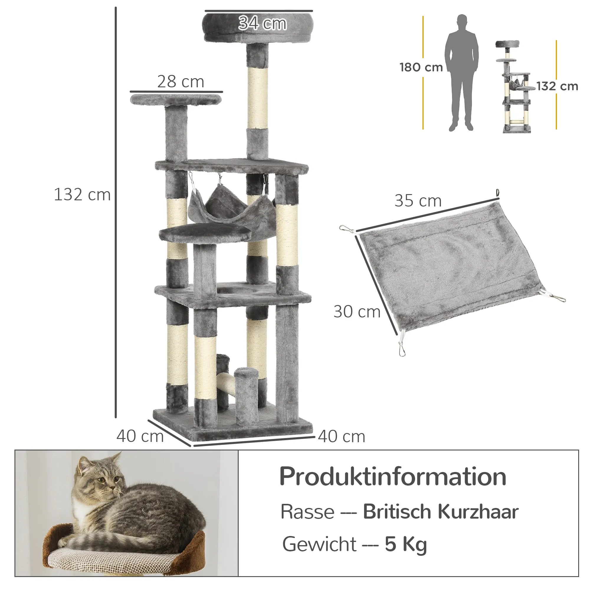 Katės medis 132 cm su hamaku ir draskykle, pilkas