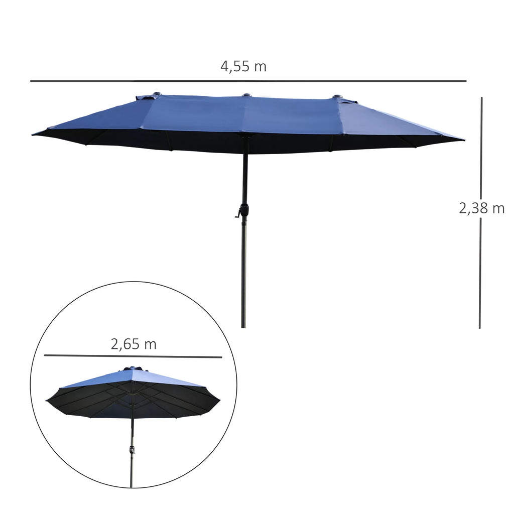 Dvigubas skėtis nuo saulės 455 x 270 cm Sodo skėtis su rankine ovalios formos tvirta metaline strypu Turgaus skėtis Dvigubas skėtis nuo saulės Terasos skėtis Apsauga nuo saulės paplūdimyje, balkone, terasoje, sode Mėlynas