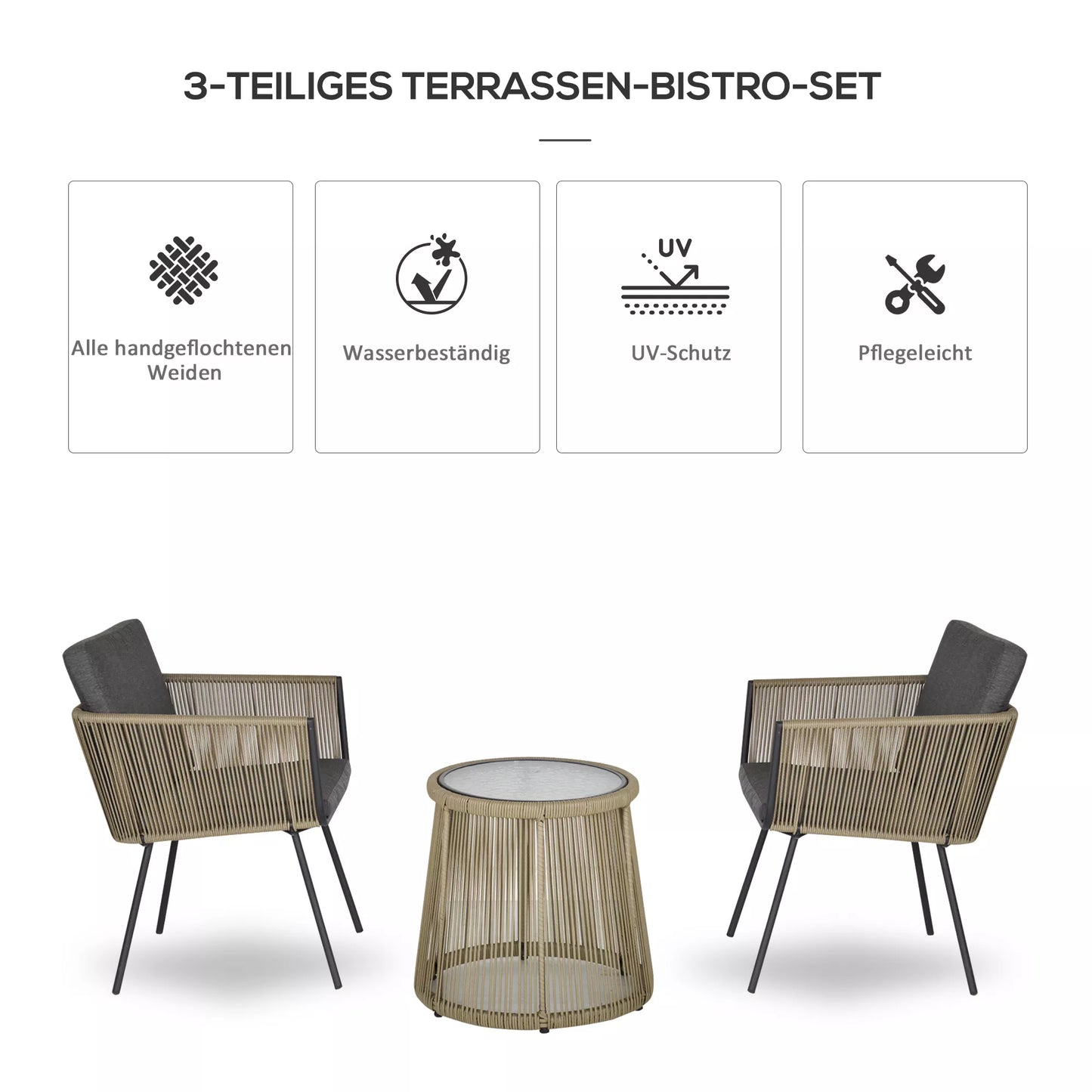 3 dalių sėdimoji grupė, 2 kėdės, staliukas, sėdimosios ir atlošo pagalvėlės, grūdinto stiklo stalviršis, poliratanas, pilkos spalvos