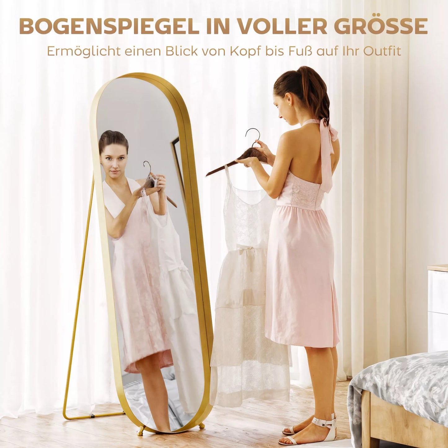 Viso kūno veidrodis su metaliniu rėmu, 160 x 50 cm, auksiniu rėmu, skirta svetainei, miegamajam