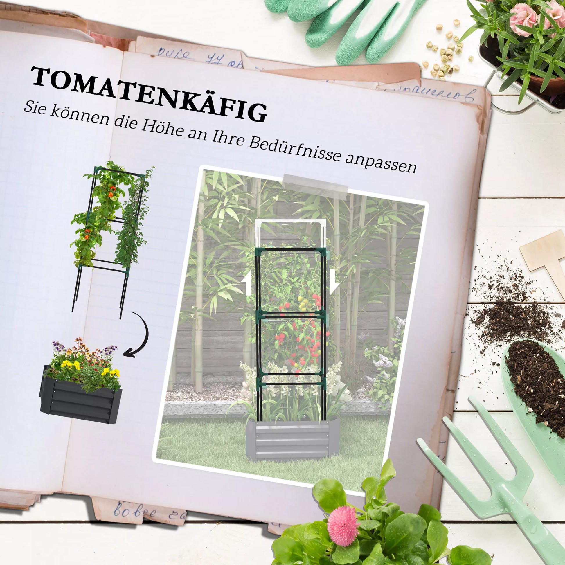 Aukštas lysvė su grotelėmis Plokščia dėžė su atrama, atviras dugnas, atspari oro sąlygoms, 61 cm x 61 cm x 140 cm, tamsiai pilka