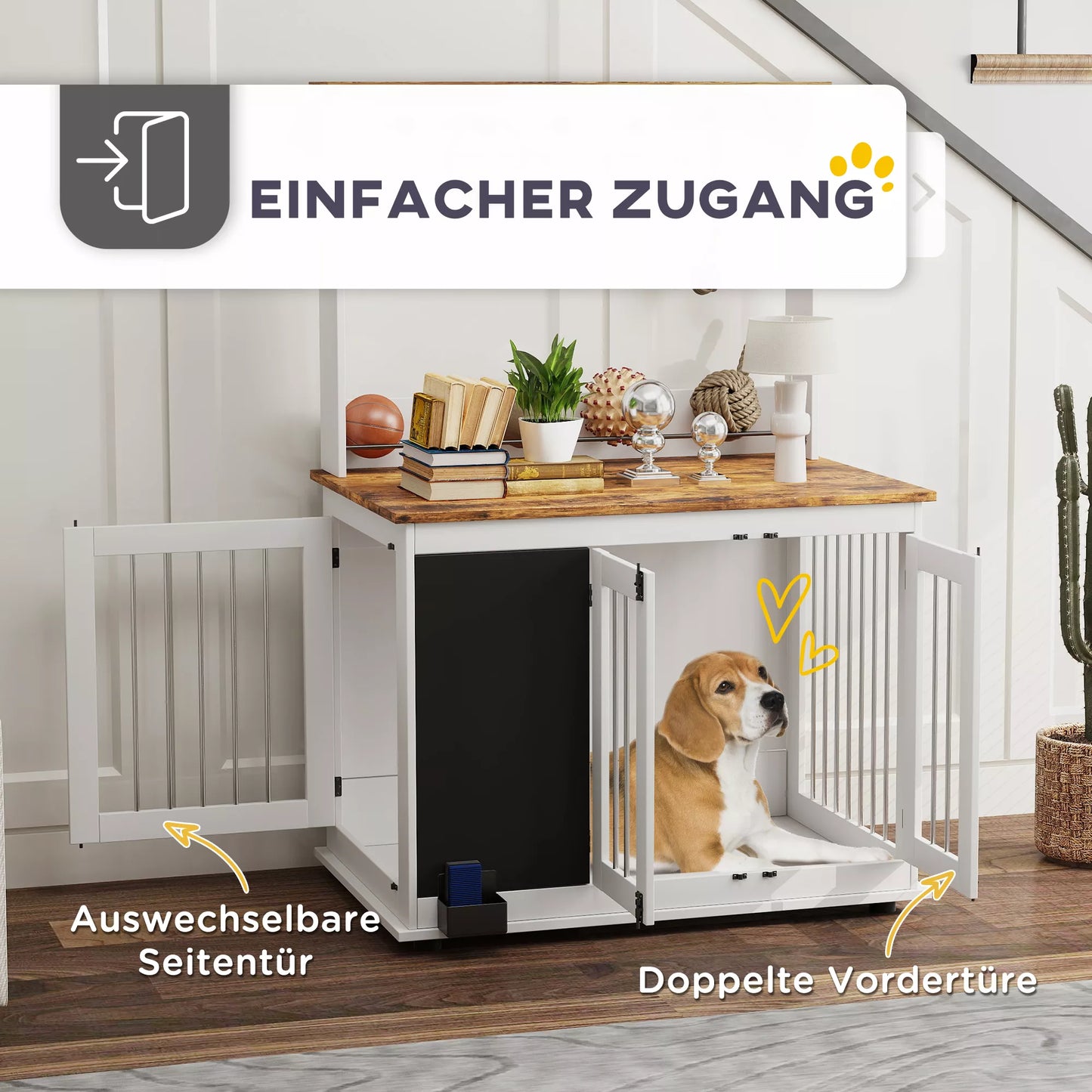 Šunų dėžė su laikymo lentyna žaislams, kabliai pavadėliams, rašomoji lenta, trintukas, dideliems šunims, balta