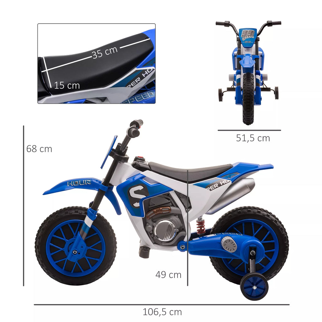 Vaikiškas motociklas, elektrinis motociklas, 45 min. važiavimo laikas, su pagalbiniais ratais, nuo 3 metų, mėlynas + baltas, 106,5 x 51,5 x 68 cm