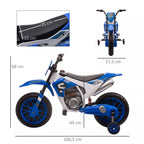 Vaikų motociklo matmenų schema: 106,5 cm ilgis, 68 cm aukštis, 51,5 cm plotis