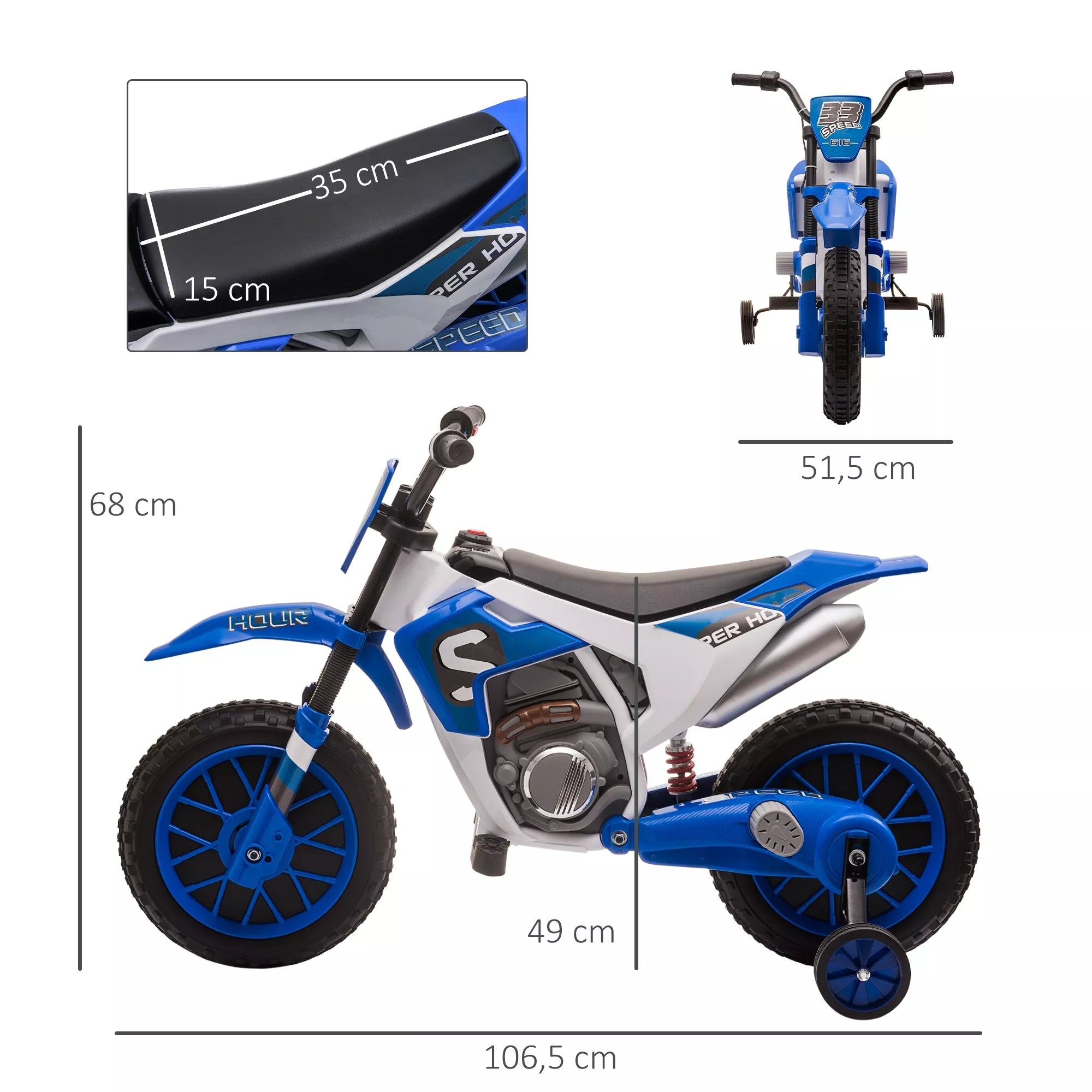 Vaikiškas motociklas, elektrinis motociklas, 45 min. važiavimo laikas, su pagalbiniais ratais, nuo 3 metų, mėlynas + baltas, 106,5 x 51,5 x 68 cm