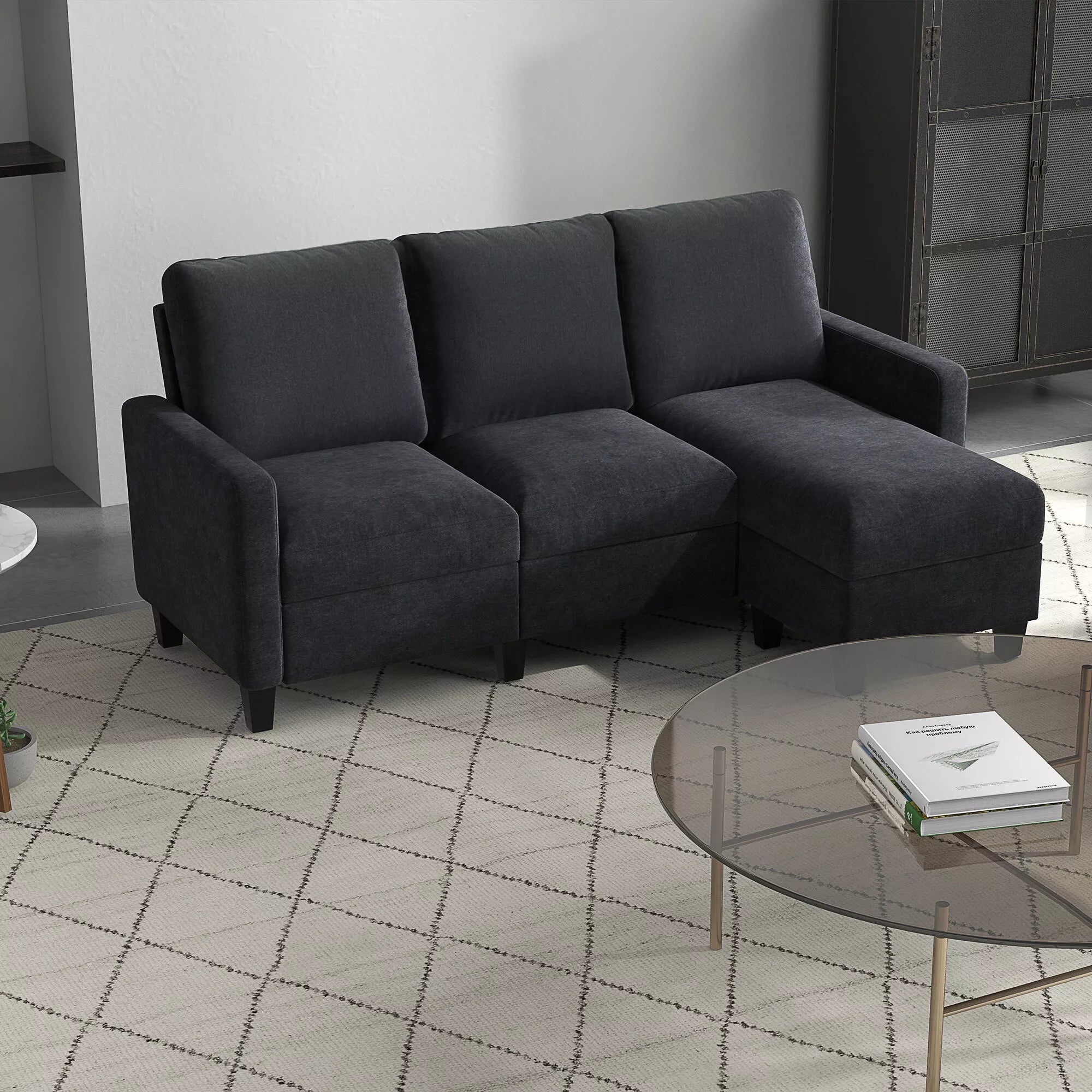 Kampas sekcija, 3 vietų sofa su pagalvėlėmis, kampinė sofa, L formos sofa svetainei, miegamajam 197 x 139 x 91 cm, linas, tamsiai pilka
