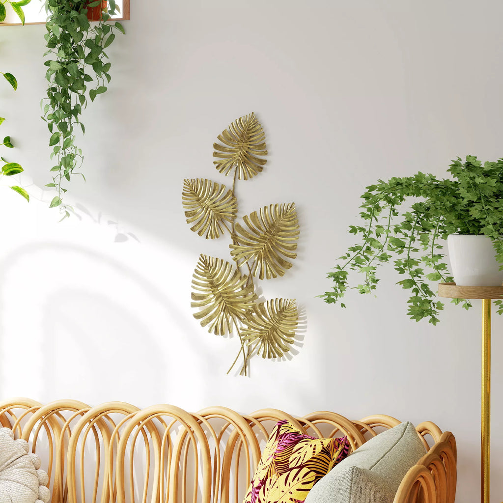 Sienų dekoracija metalinė, monstera lapų formos, 83 cm, auksinė