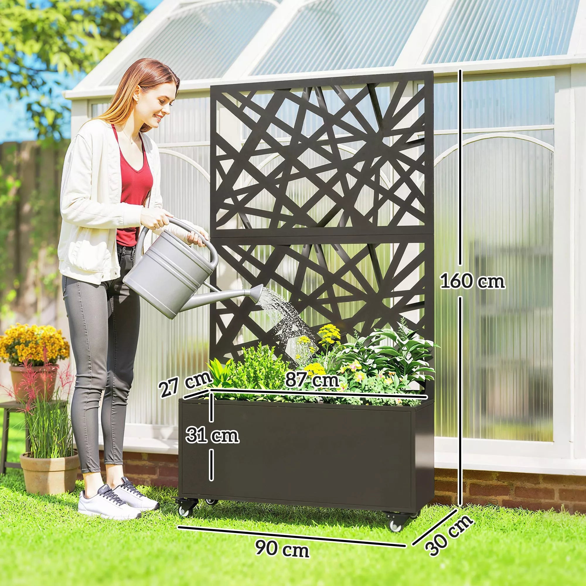 Gėlių dėžė su apsauga nuo žvilgsnių Augalų dėžė su ritininiu grotelėmis 90 x 30 x 160 cm Metalo Juoda