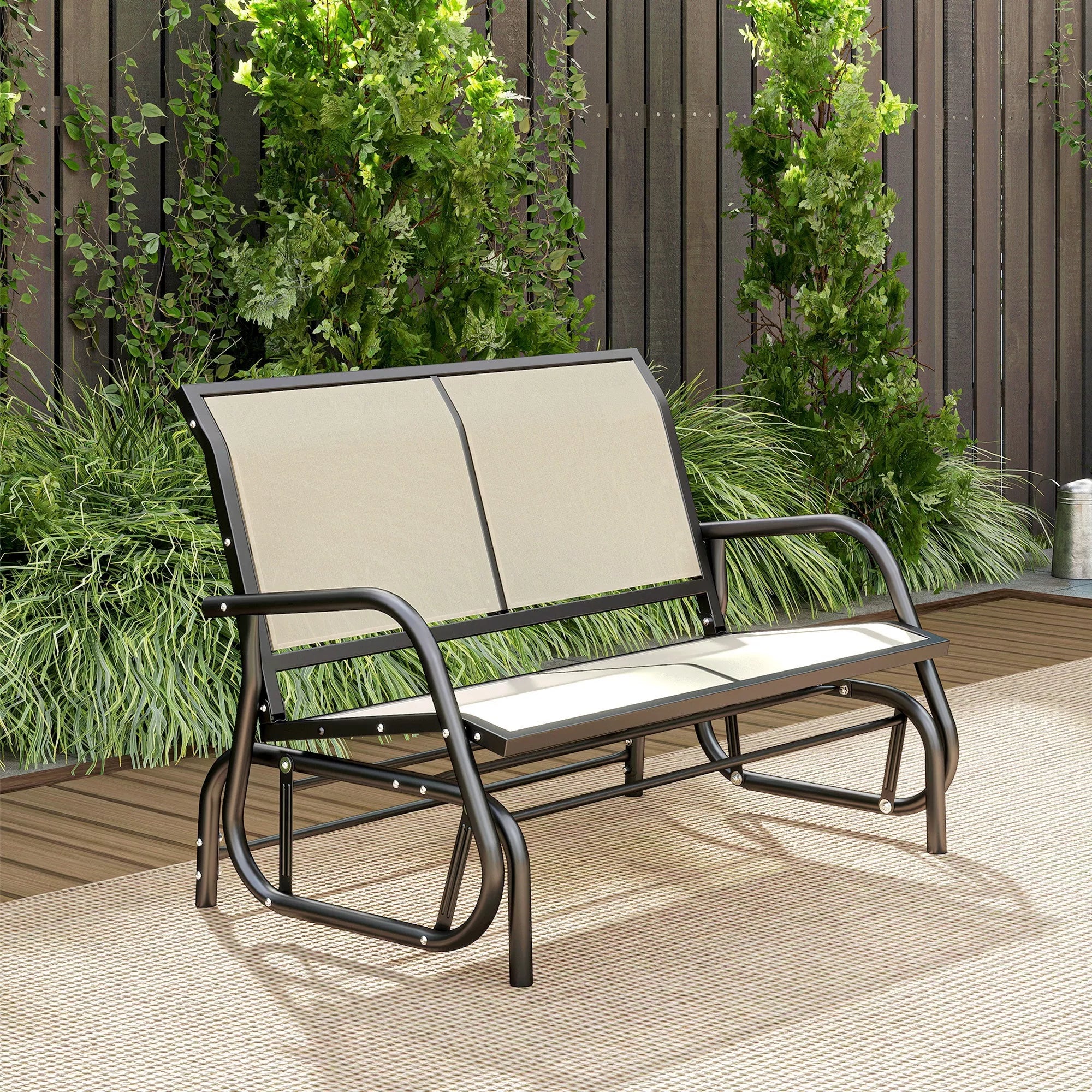 2 vietų supamasis krėslas Sodo suolas su supimosi mechanizmu Sodo supynės Metalinis suolas Parko suolas, atlaikantis iki 200 kg svorį Sodo baldai sodui, terasai, 120 x 70 x 85 cm Juoda+smėlio spalva
