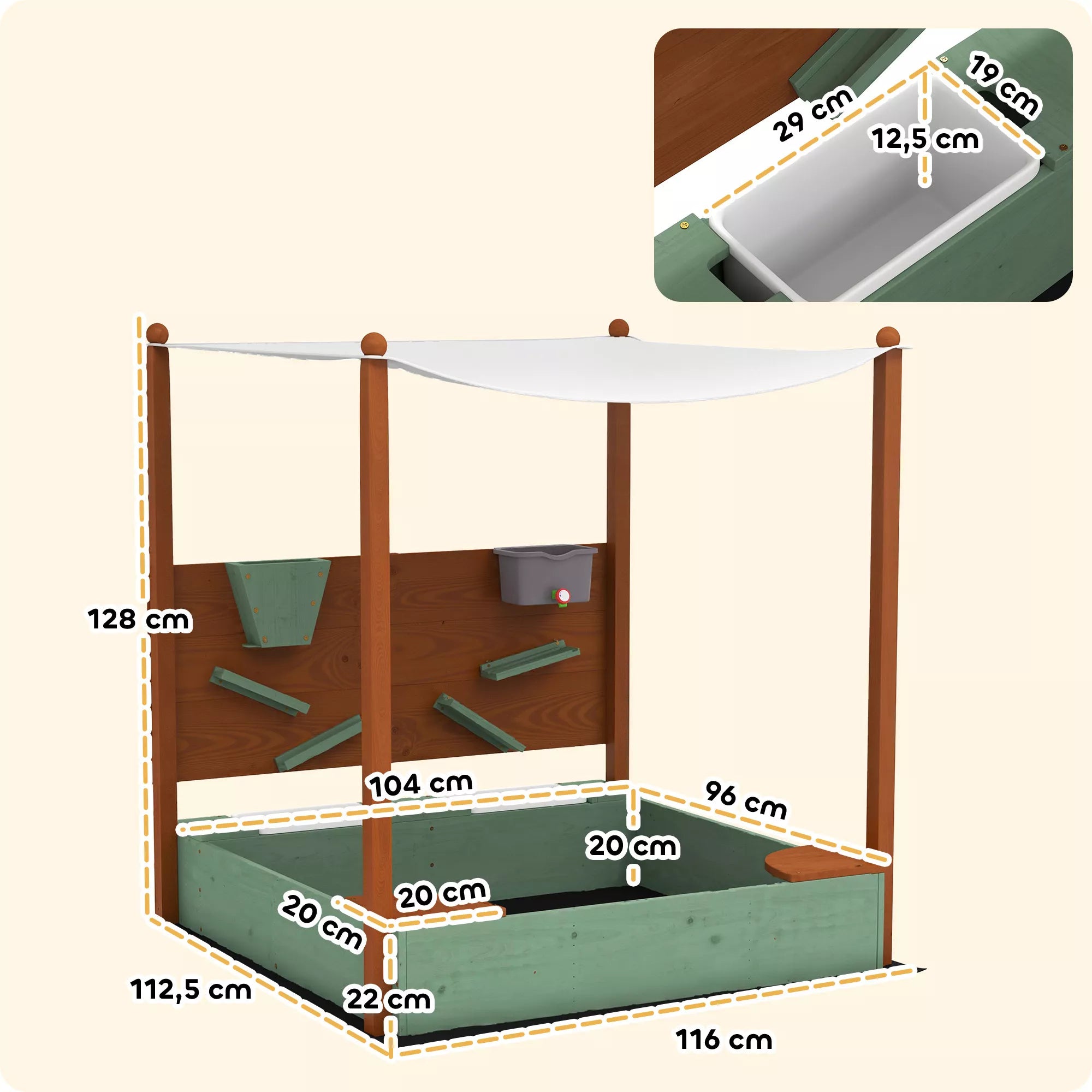 Smėlio dėžė su saulės stogu vaikams, 2 laikymo dėžės, 116L x 112,5B x 128H cm, pušies mediena, plastikas, žalia