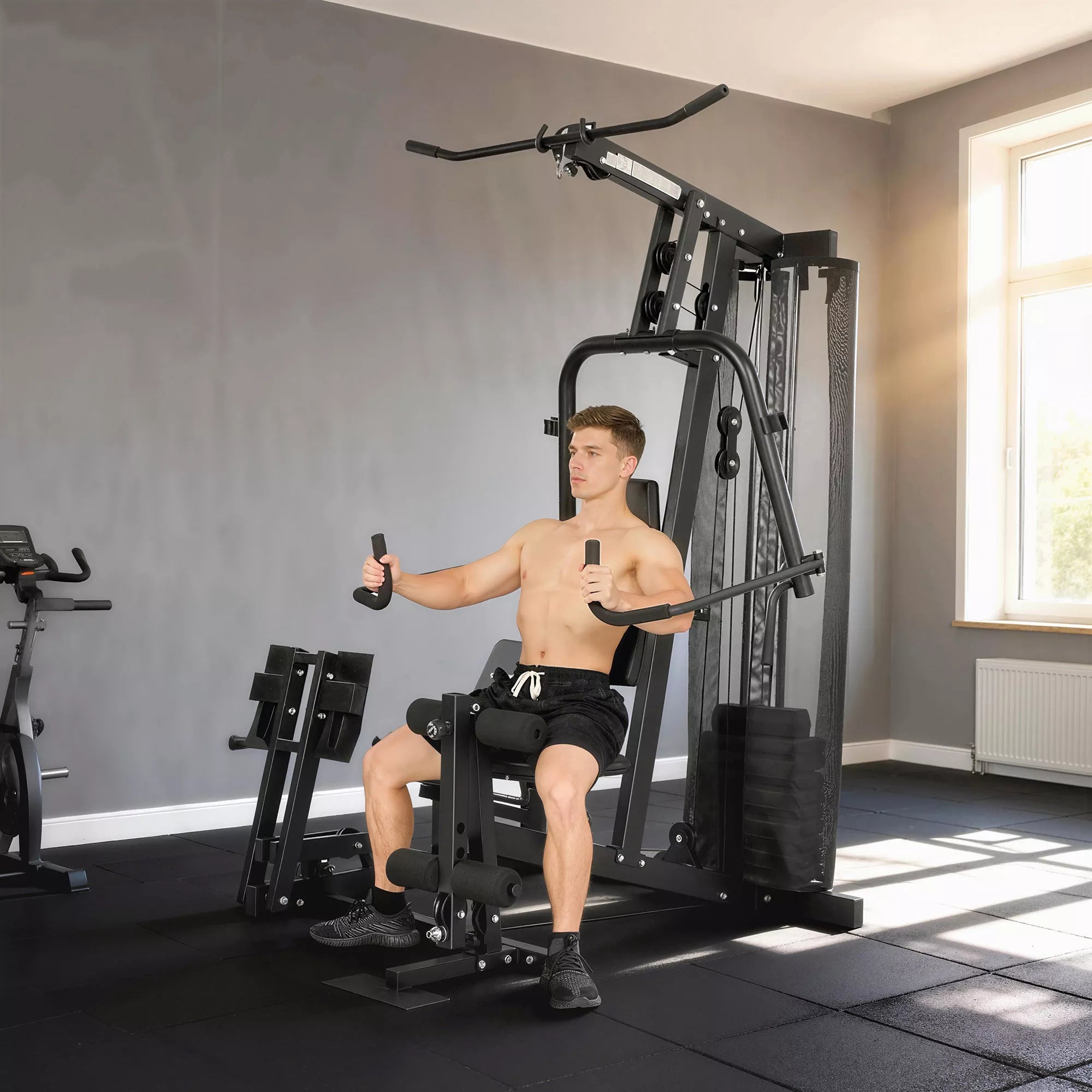 Jėgos treniruoklis su traukimo strypu, „Butterfly“ strypu, 65 kg svoriais ir virve iki 120 kg
