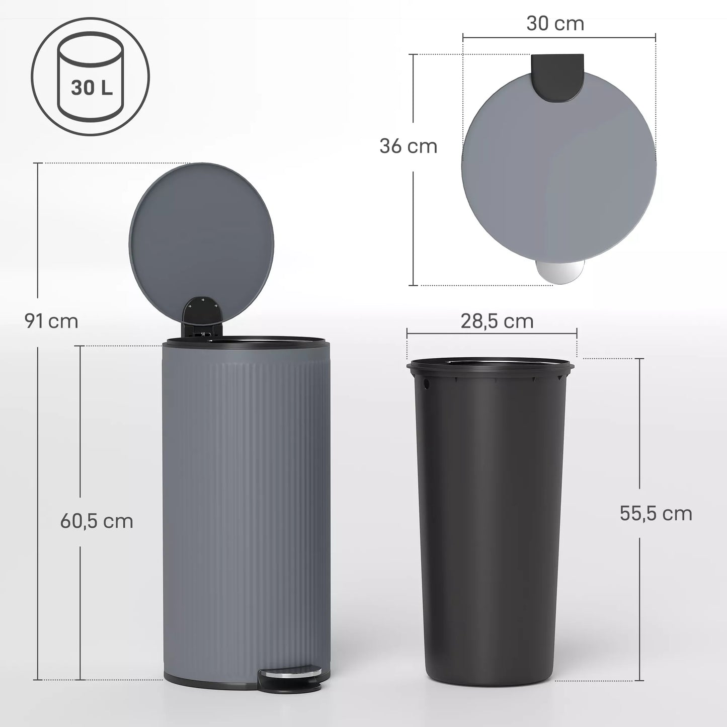 30 l šiukšlių dėžė su minkštu uždarymo dangčiu ir pedalu, metalinis vidinis konteineris, juoda, 36 x 30 x 60,5 cm