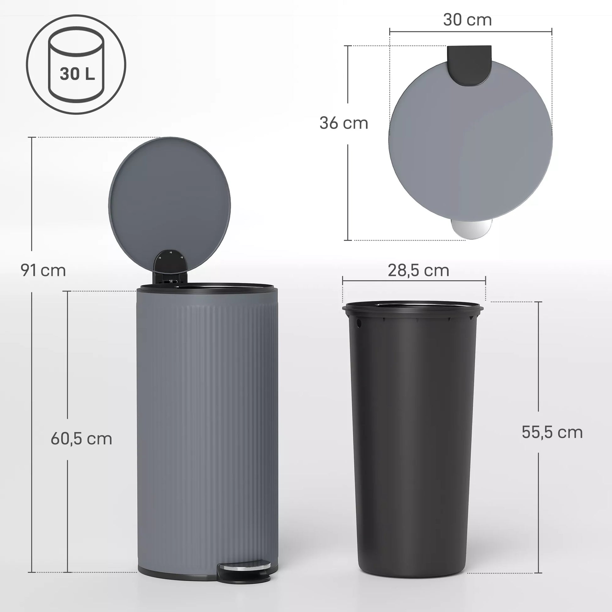 30 l šiukšlių dėžė su minkštu uždarymo dangčiu ir pedalu, metalinis vidinis konteineris, juoda, 36 x 30 x 60,5 cm