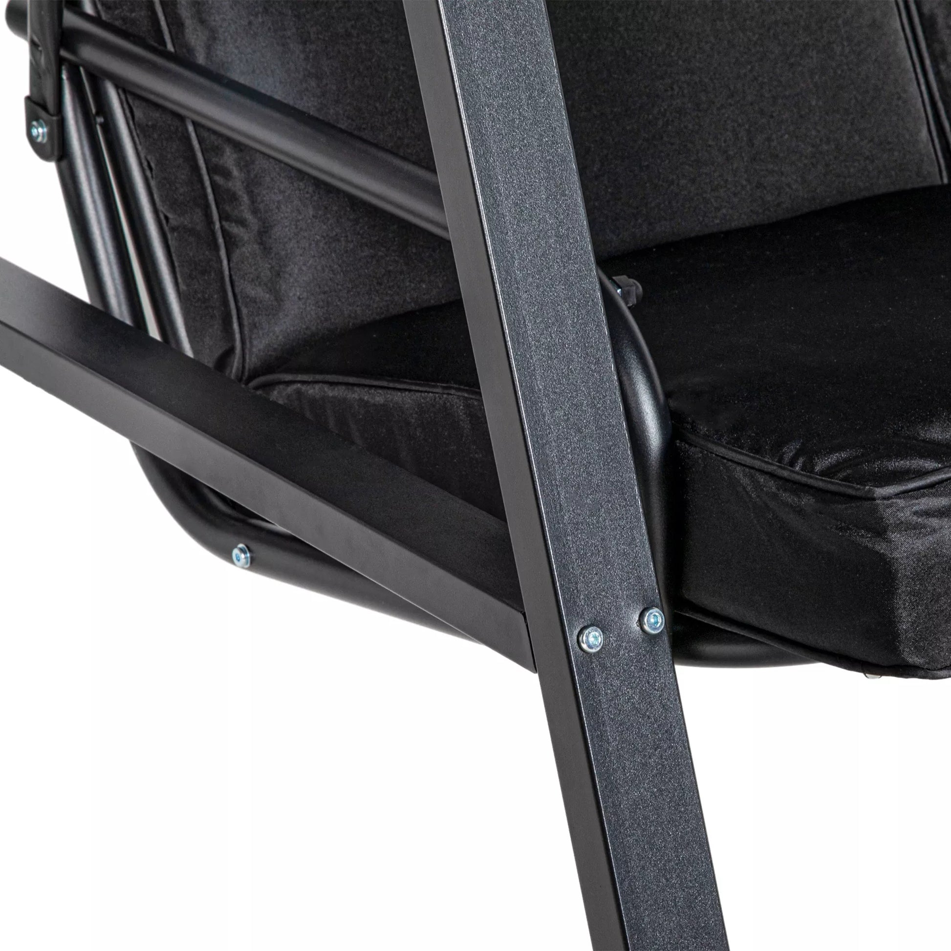 Holivudo sūpynės, 2 vietos sodo sūpynės su reguliuojamu stogu, atlaiko iki 220 kg svorį, 145 x 116 x 172 cm, juodos spalvos