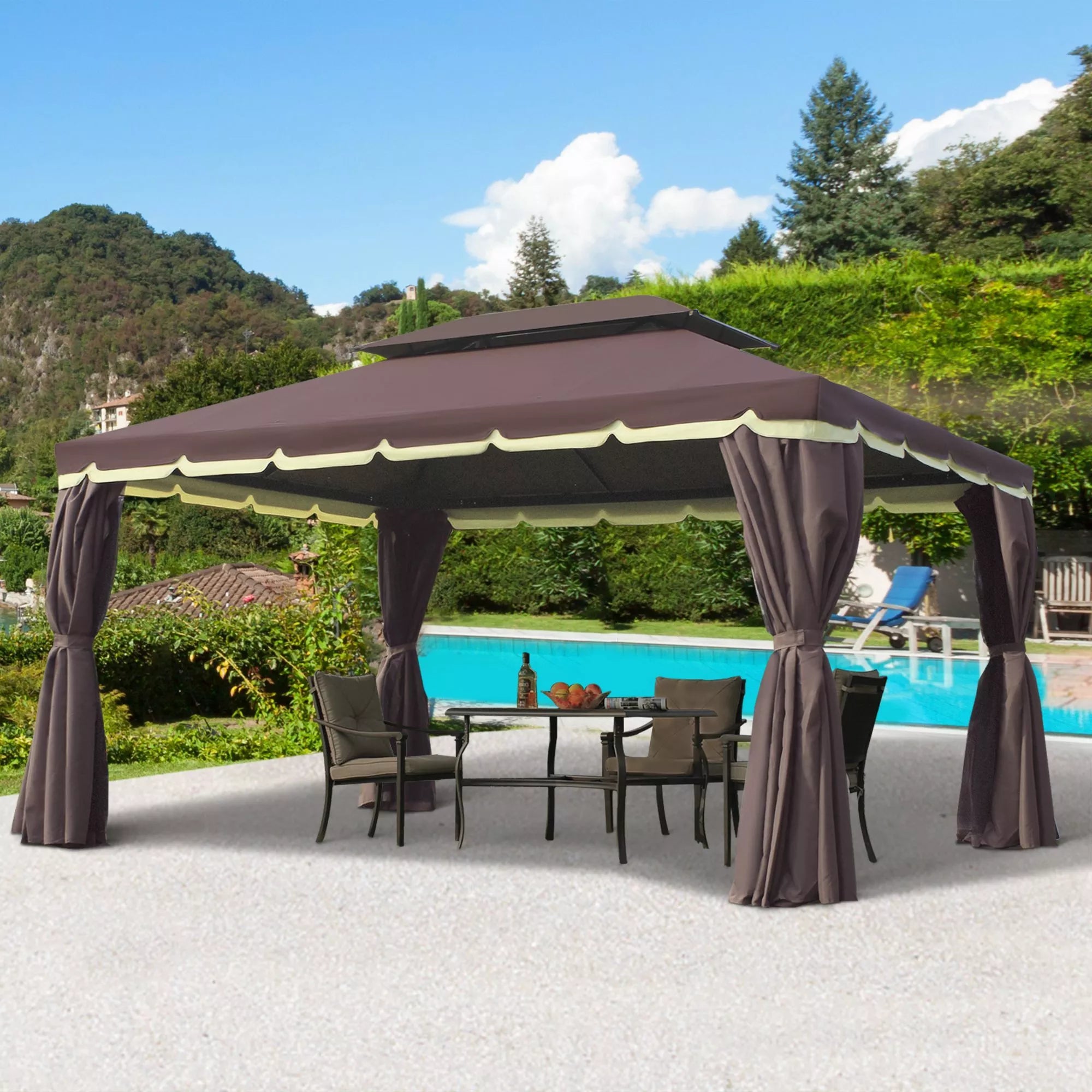 Sodo paviljonas Paviljonas 390 x 290 x 280 cm Sodo palapinė Šventinė palapinė Vakarėlių palapinė su 4 šoniniais elementais Moskitų tinklas Atsparus oro sąlygoms Aliuminis Poliesteris Kavos + juodos spalvos