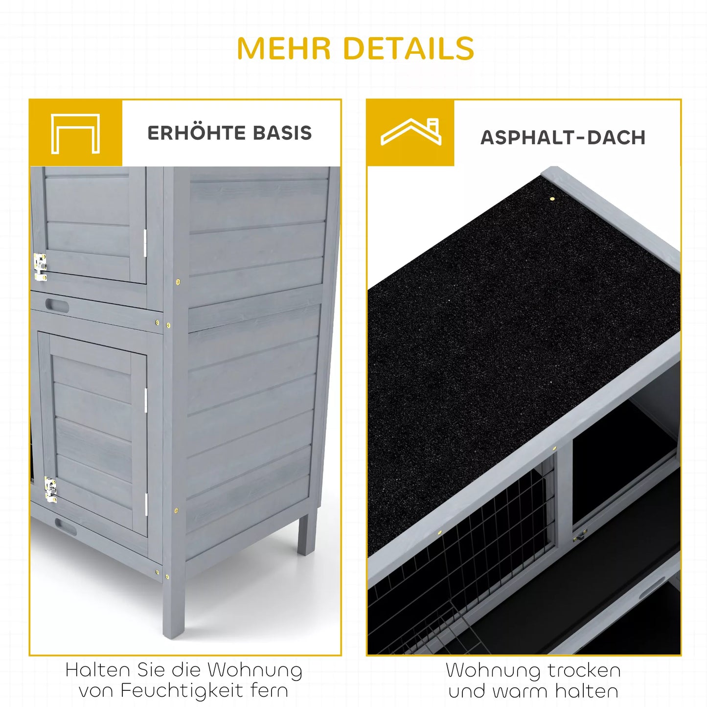 Triušių narvas, dviejų aukštų su ištraukiamu padėklu, medis ir bituminė stogo danga, 136,4x50x93 cm, pilkas