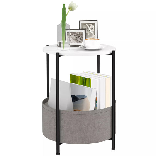 Apvalus staliukas su medžiaginiu krepšiu, 2 pakopų kavos staliukas svetainei, miegamajam, mažoms erdvėms, metalas, pilka+balta