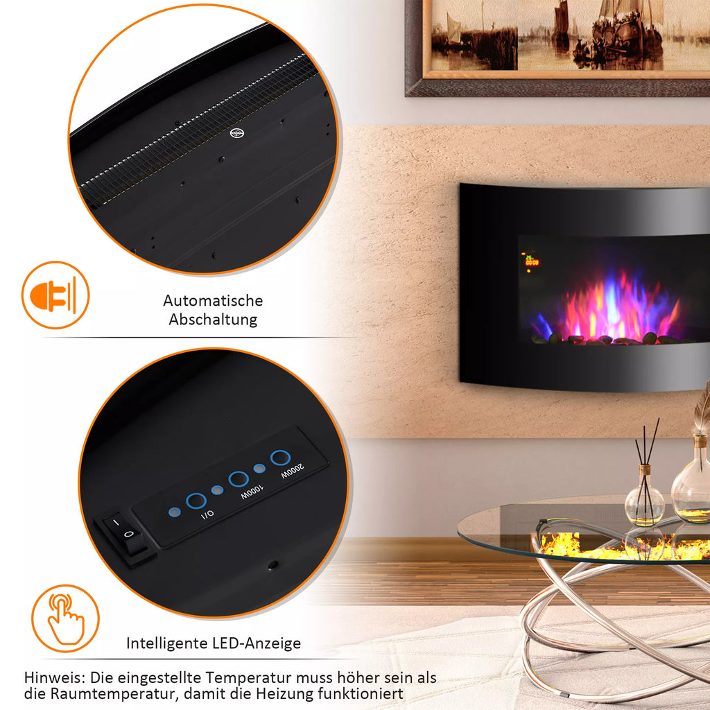 HOMCOM Elektrinis židinys su šildymu, elektrinis židinys su 3D liepsnos efektu, 7 liepsnos spalvos, 900/1800 W, sieninis židinys su laikmačiu, dekoratyvinis židinys su nuotolinio valdymo pultu, juodas, 65 cm