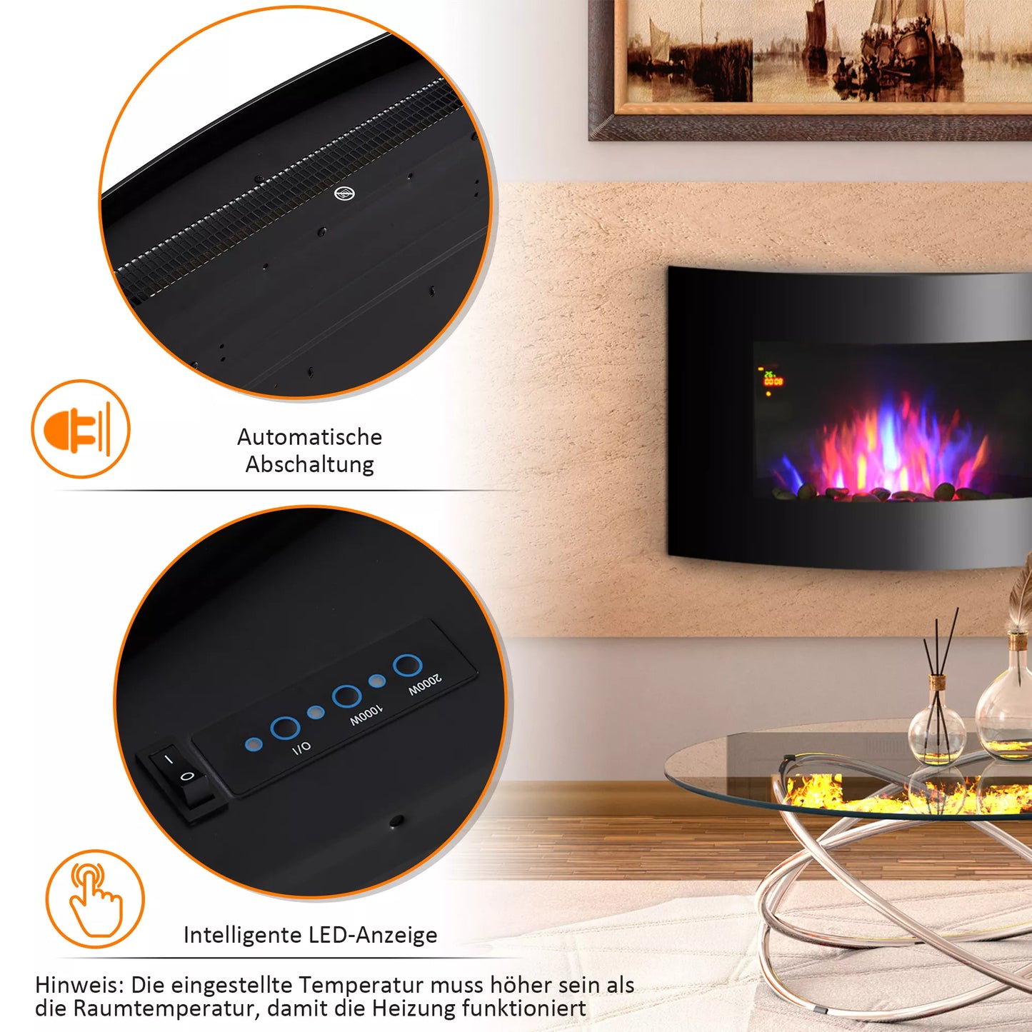 HOMCOM Elektrinis židinys su šildymu, elektrinis židinys su 3D liepsnos efektu, 7 liepsnos spalvos, 900/1800 W, sieninis židinys su laikmačiu, dekoratyvinis židinys su nuotolinio valdymo pultu, juodas, 65 cm