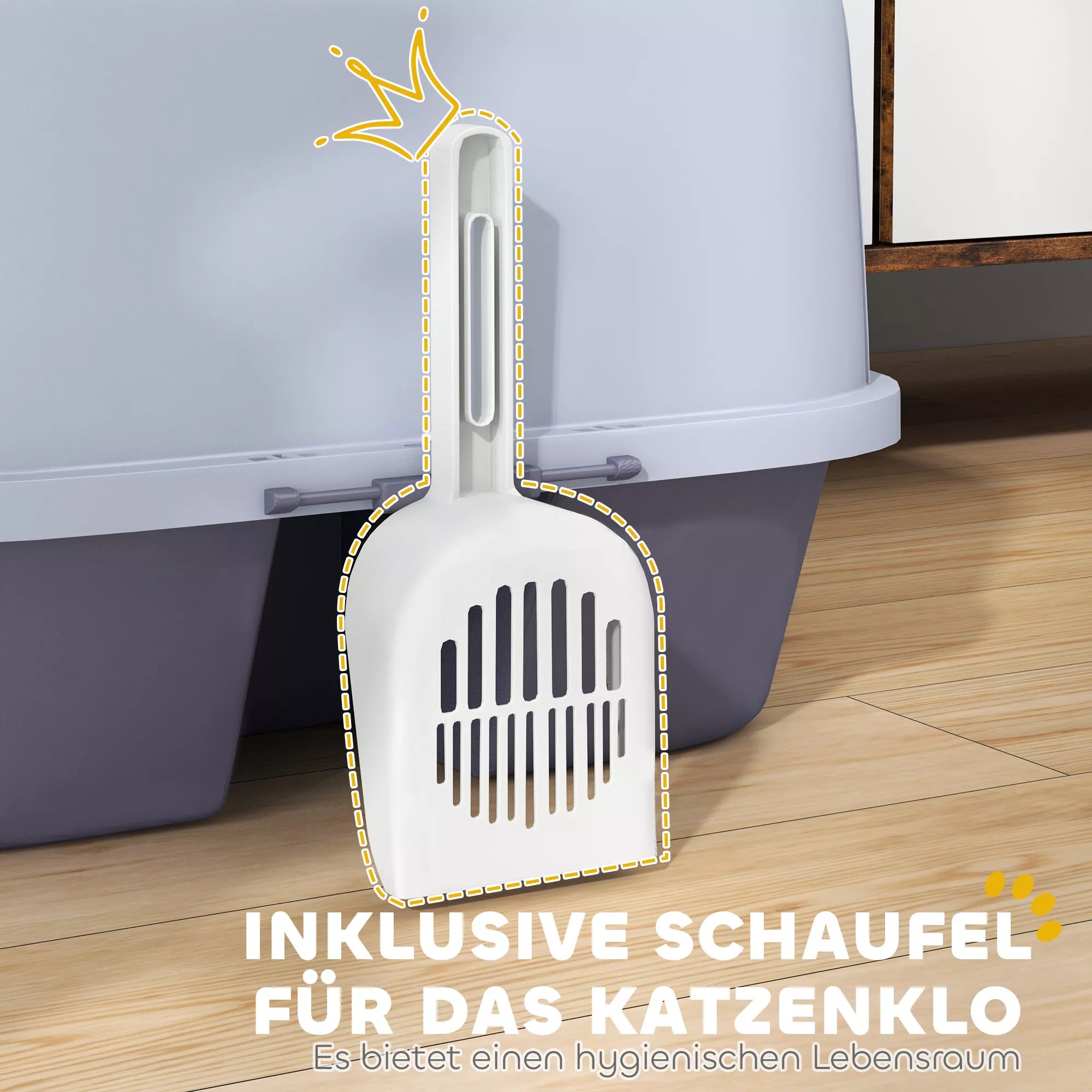 Informacinė grafika apie katės tualeto dėžės semtuvą