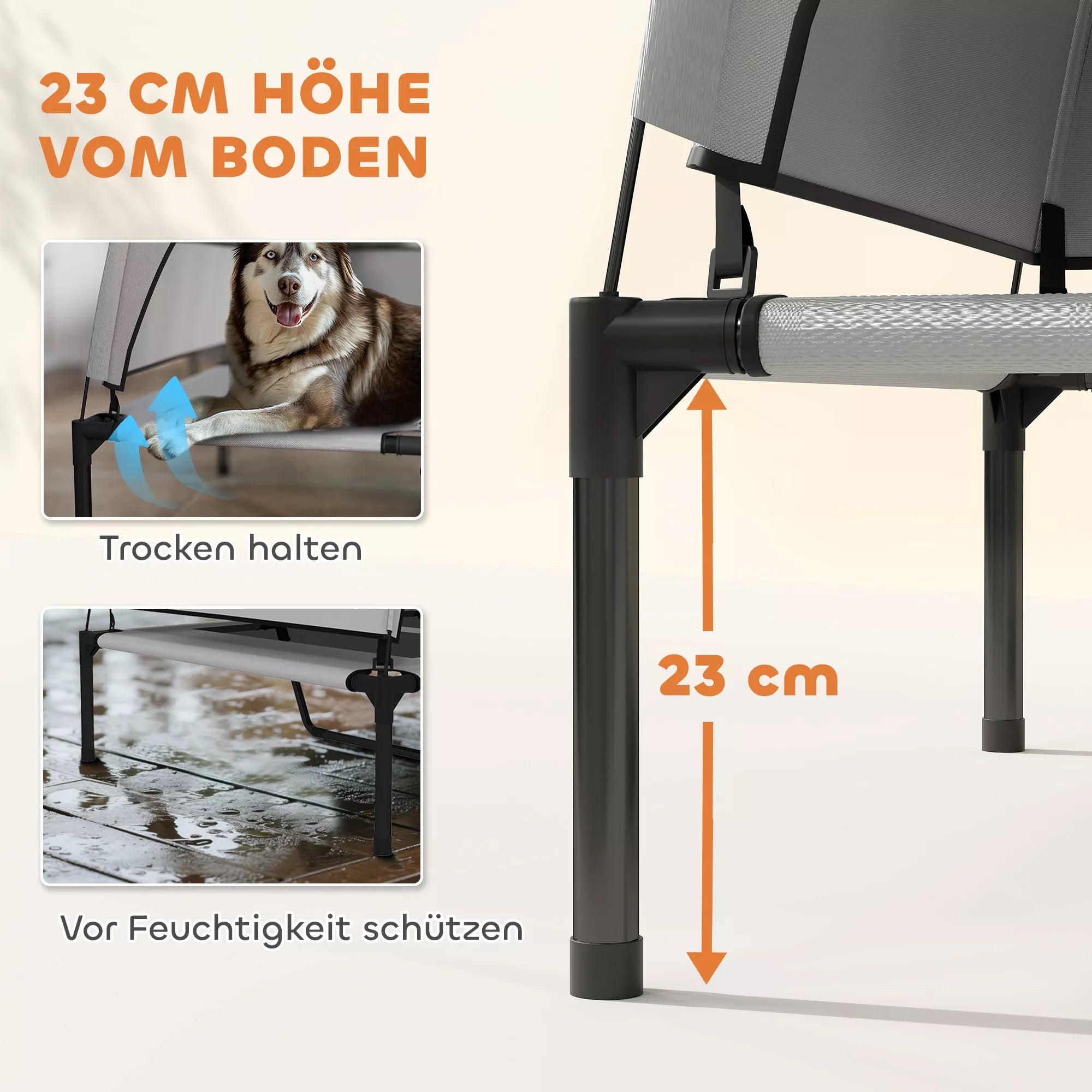 Šunų gultas lauke su stogu, pakeltas šunų gultas ypač dideliems šunims, su plieniniu rėmu, 122x92x94 cm, šviesiai pilkos spalvos