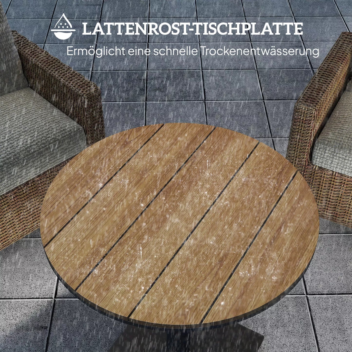 Sodo stalas Ø70 cm, atsparus atmosferos poveikiui Apvalus balkono stalas su lamelių dizainu, plienas Ø70 x 74H cm Natūralus medis