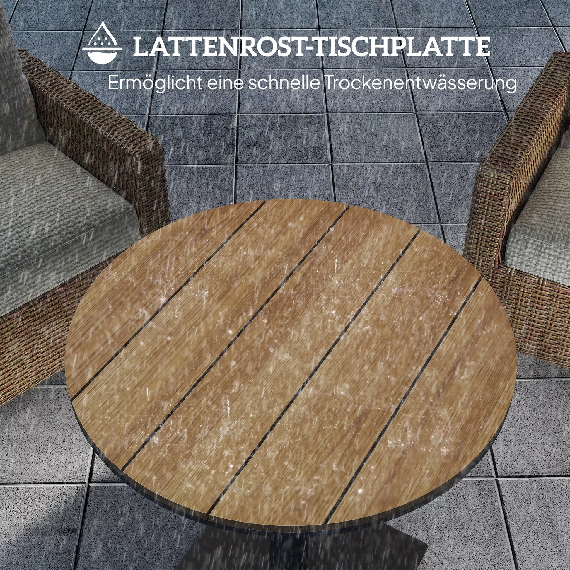 Sodo stalas Ø70 cm, atsparus atmosferos poveikiui Apvalus balkono stalas su lamelių dizainu, plienas Ø70 x 74H cm Natūralus medis