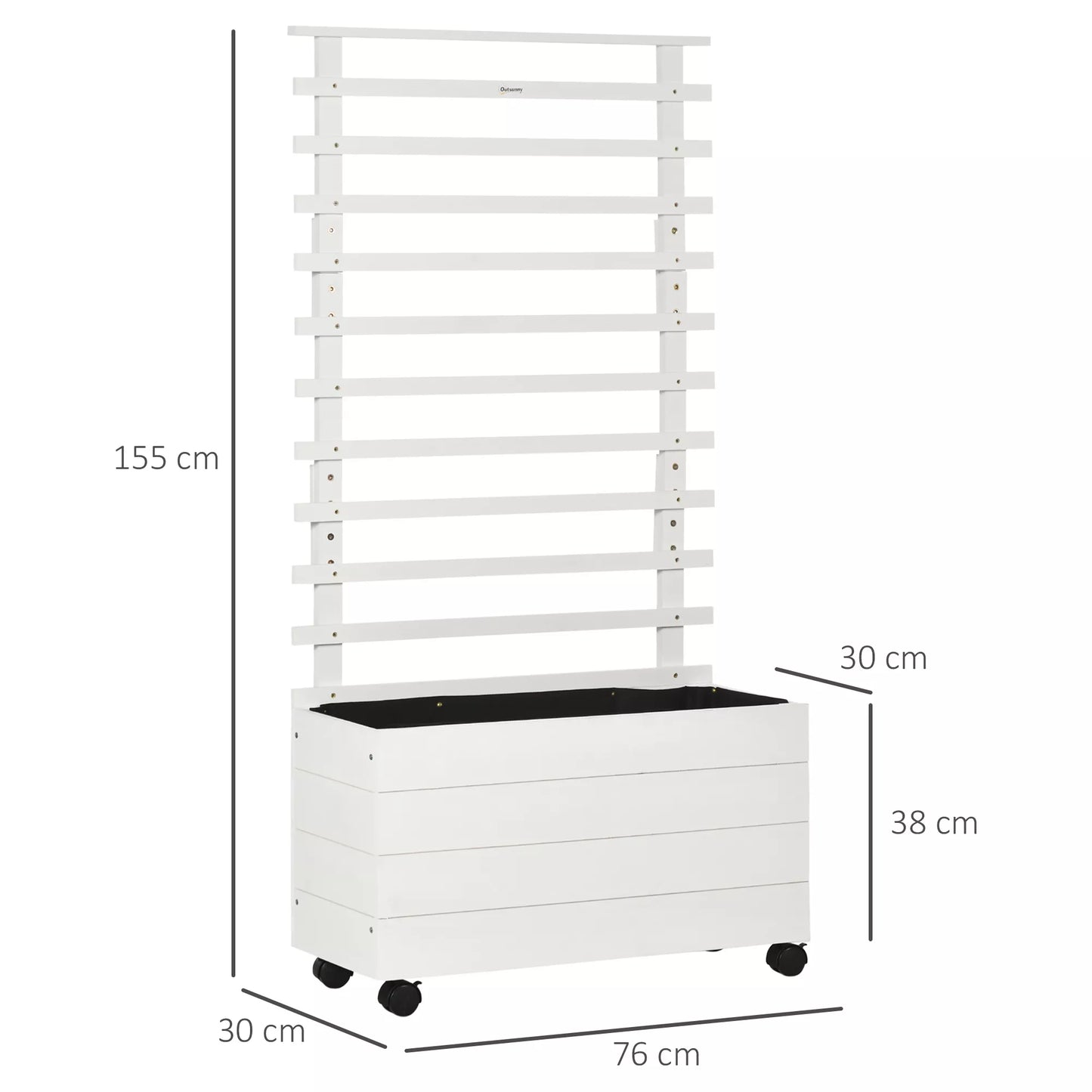 Gėlių dėžė su atrama, 4 ratai, natūrali mediena, atsparus oro sąlygoms lakas, balta, 76 x 30 x 155 cm