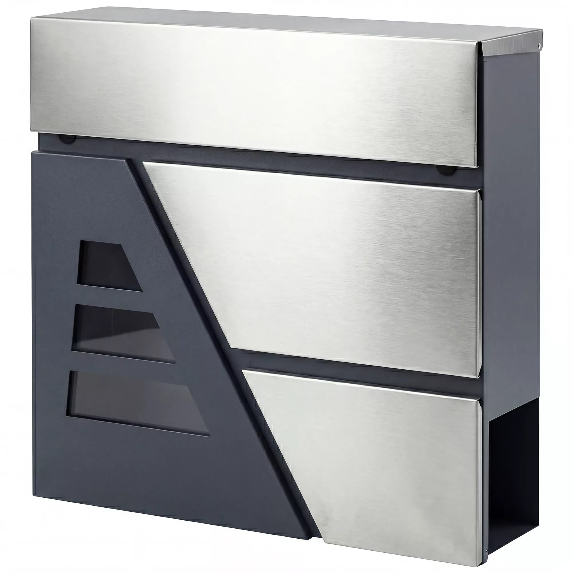 Pašto dėžutė, montuojama ant sienos, atspari atmosferos poveikiui, su laikraštų laikikliu ir 2 raktais, skirta montuoti ant išorinės sienos, tamsiai pilkos spalvos