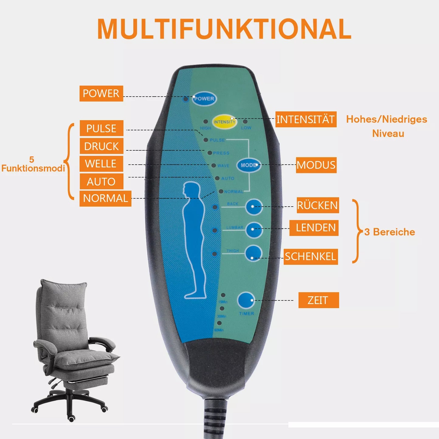 Masažinė biuro kėdė, rašomojo stalo krėslas su masažo funkcija, aukščio reguliuojamas, ergonomiškas, nailonas, pilka