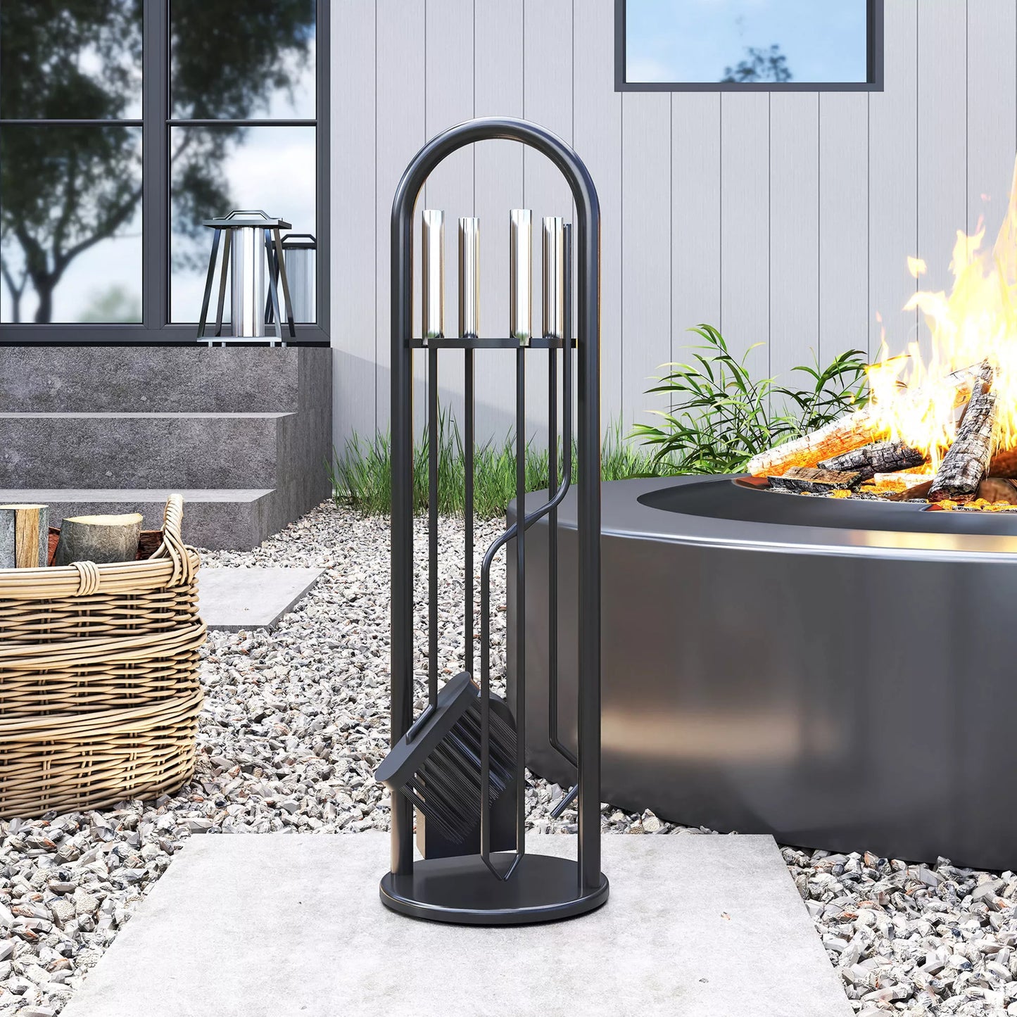 5 dalių židinio įrankių rinkinys, židinio priedai su šluota, kastuvu, semtuvėliu, žnyplėmis ir stovu