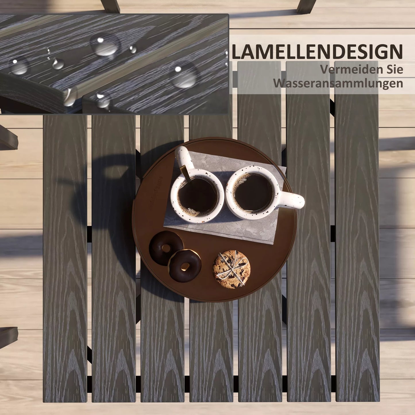 Lauko stalas, 4 asmenims, medžio išvaizdos, aliuminio rėmas, 70 x 70 x 76 cm, pilkas