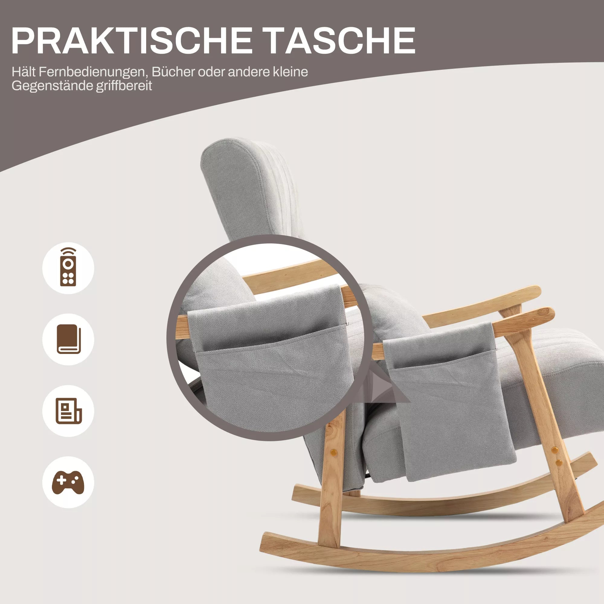 Sūpuoklis su inksto formos pagalvėle, plati sėdynė, kaučiuko medienos rėmas, iki 120 kg, pilkos spalvos