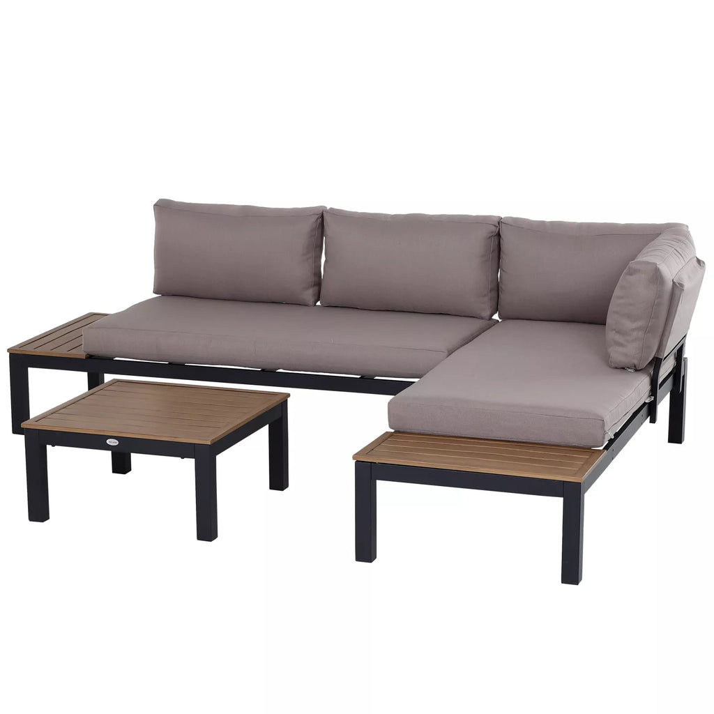 Sodo baldų komplektas 3 asmenims su pagalbiniu staliuku, sofa su pagalvėlėmis, skirtas lauke naudoti, pagamintas iš aliuminio, 164 x 74 x 69 cm