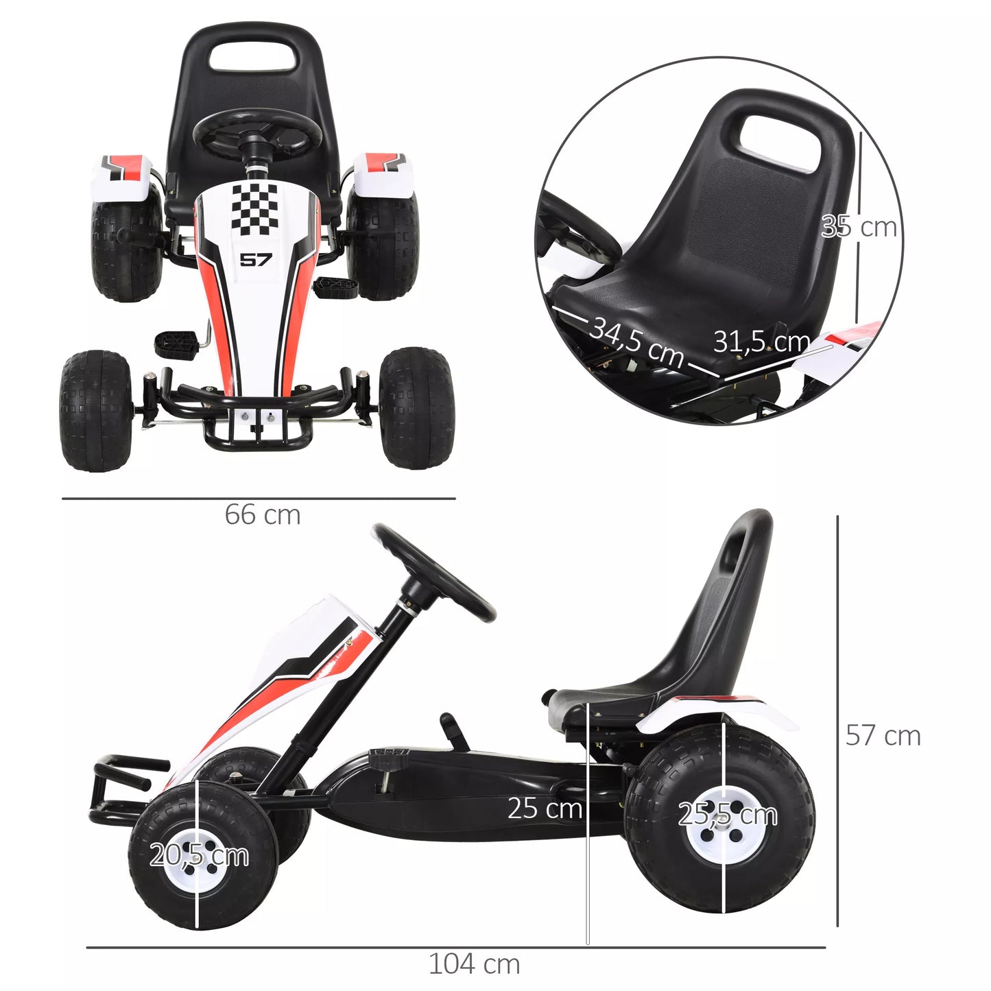 Gokartas vaikams, pedalinis automobilis su pedaliniu stabdymu, vaikiškas žaislas 3-6 metų vaikams, plieninis, baltas, 104 x 66 x 57 cm