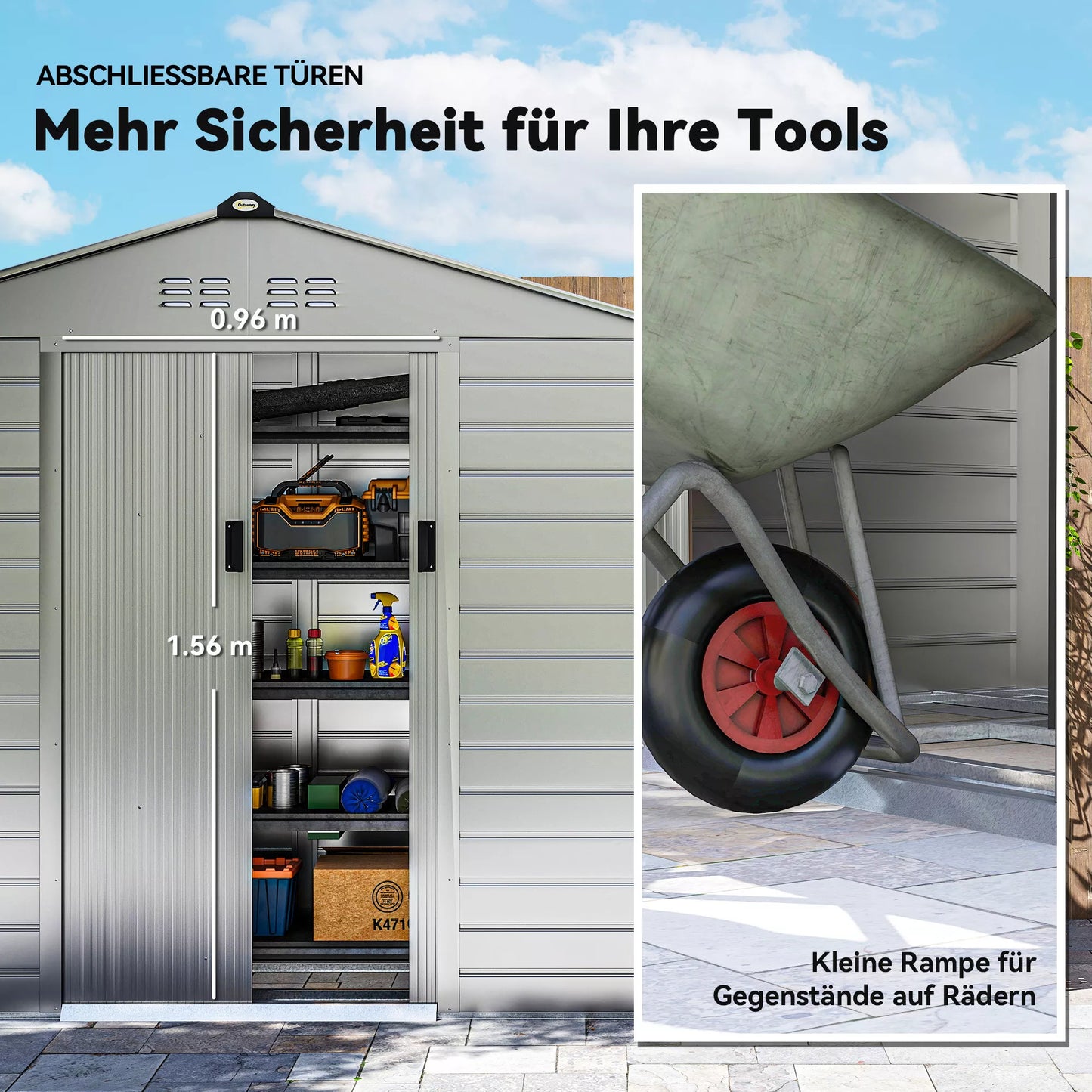 2,43 m² sodo namelis, 213 x 131 x 192 cm įrankių stoginė su dvišlaičiu stogu, užrakinamos stumdomosios durys, atsparus oro sąlygoms, pilkas