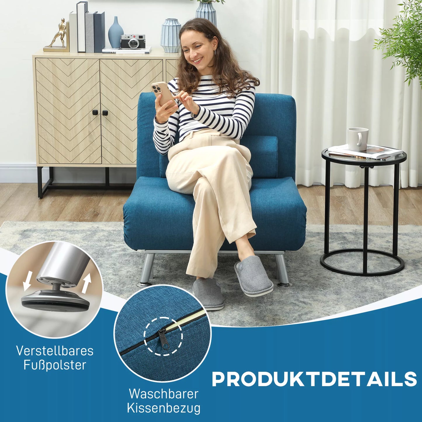 Sulankstomas fotelis su miegojimo funkcija, sulankstomas atpalaiduojantis fotelis su lininiu paviršiumi, reguliuojamas atlošas, 75 x 70 x 75 cm, Mėlyna