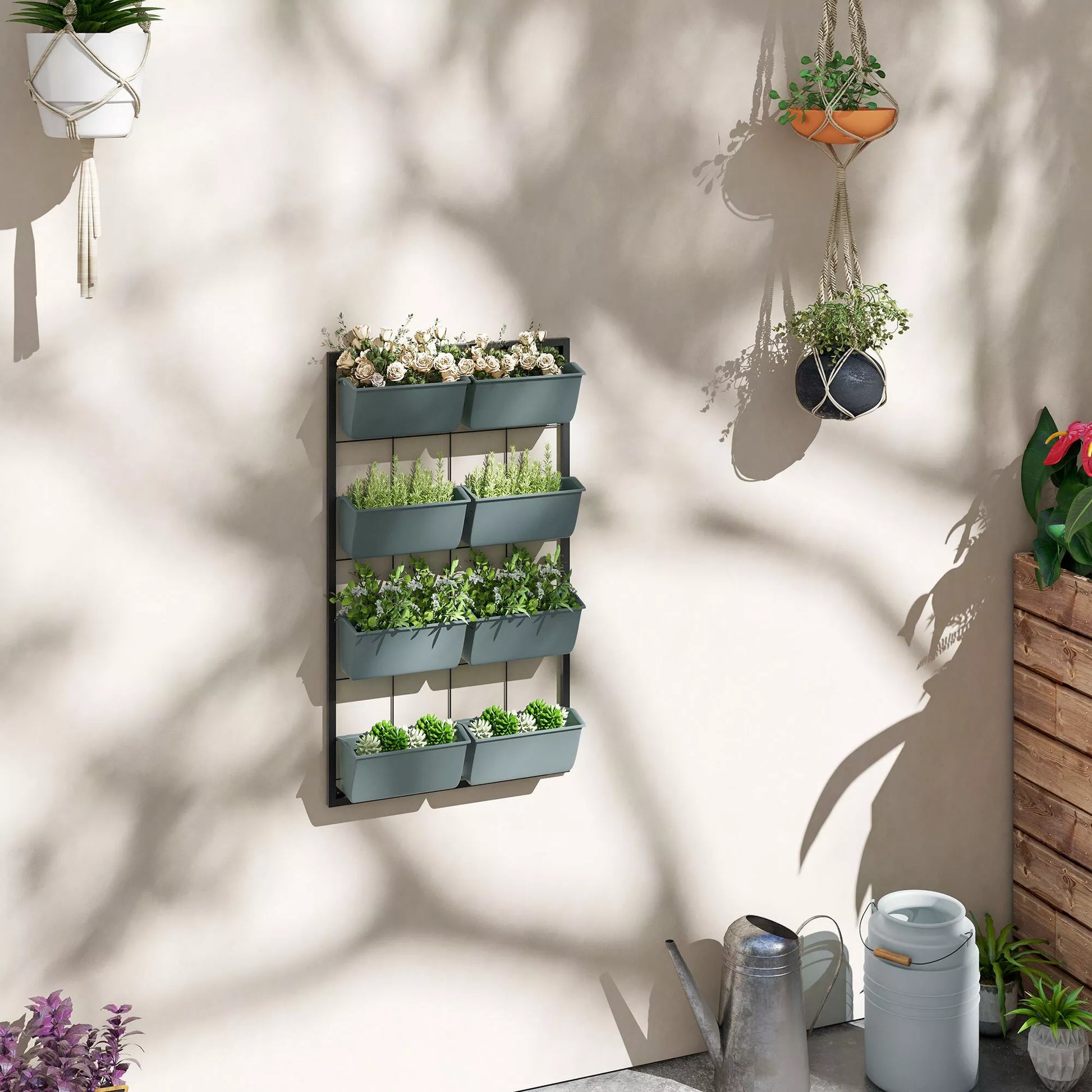 Augalų laiptai Gėlių laiptai  8 augalų dėžės, sukraunamos, atsparios atmosferos poveikiui, 52,5 x 14 x 90 cm, pilkos + juodos spalvos