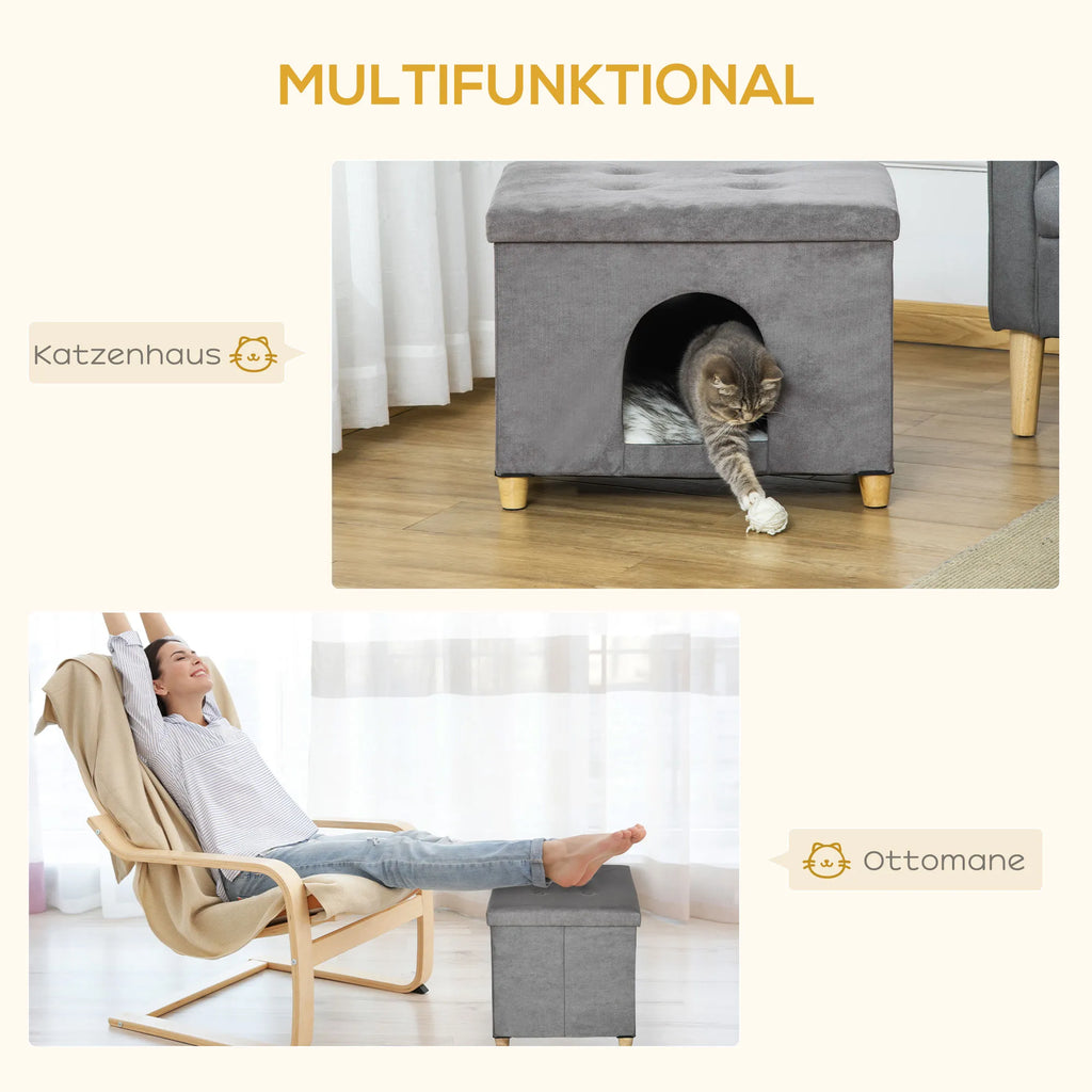 2-IN-1 kačių guolis - pufas su pagalvėle, medinės kojos, katės namelis, katės krepšys, minkštai paminkštintas, elegantiško dizaino, nuimamas, MDF, pliušas, pilkas, 60 x 45 x 44,5 cm